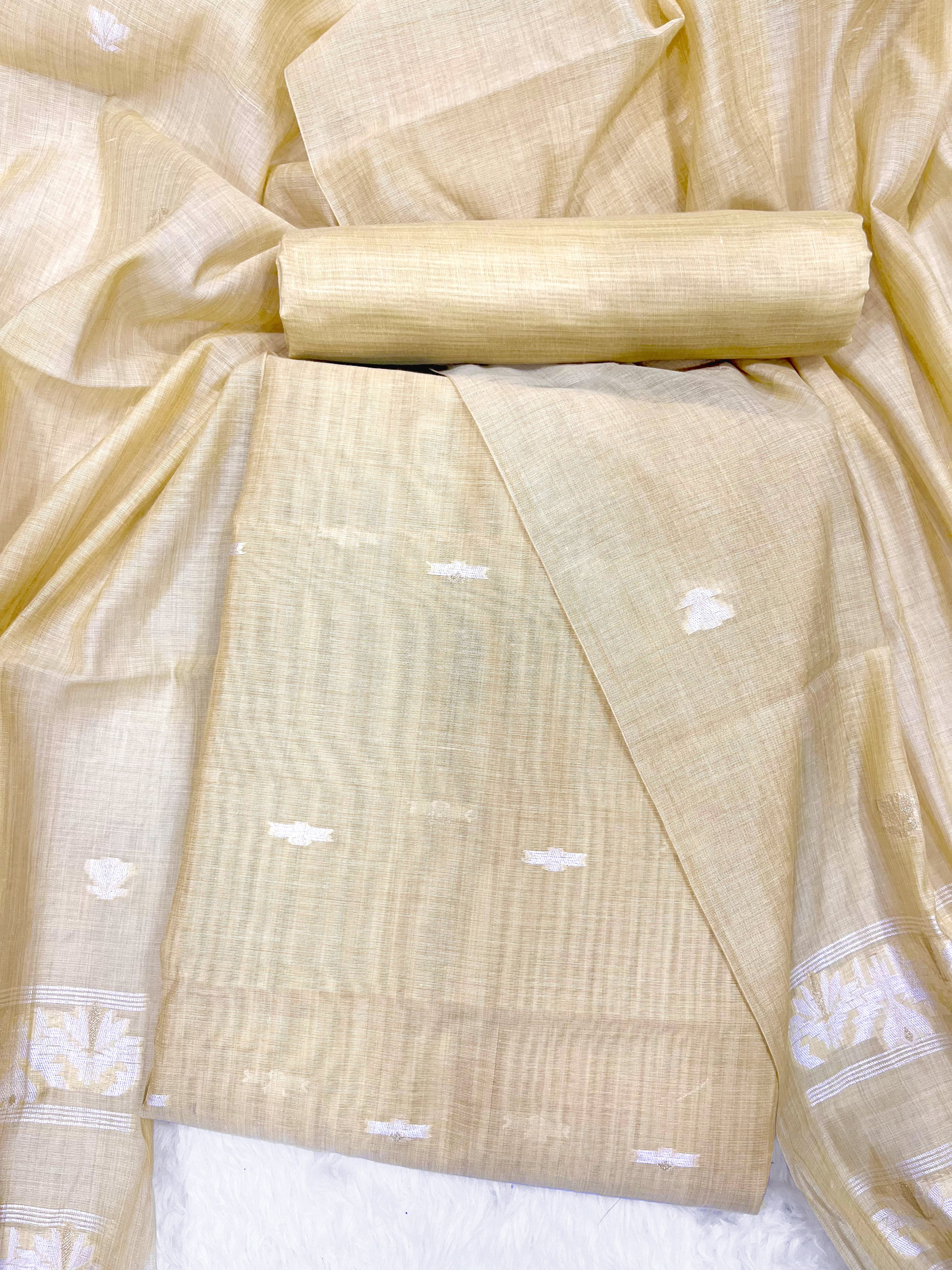 Yellow Pure Soft Linen Cotton Embroidered Work Unstitched Dress Material