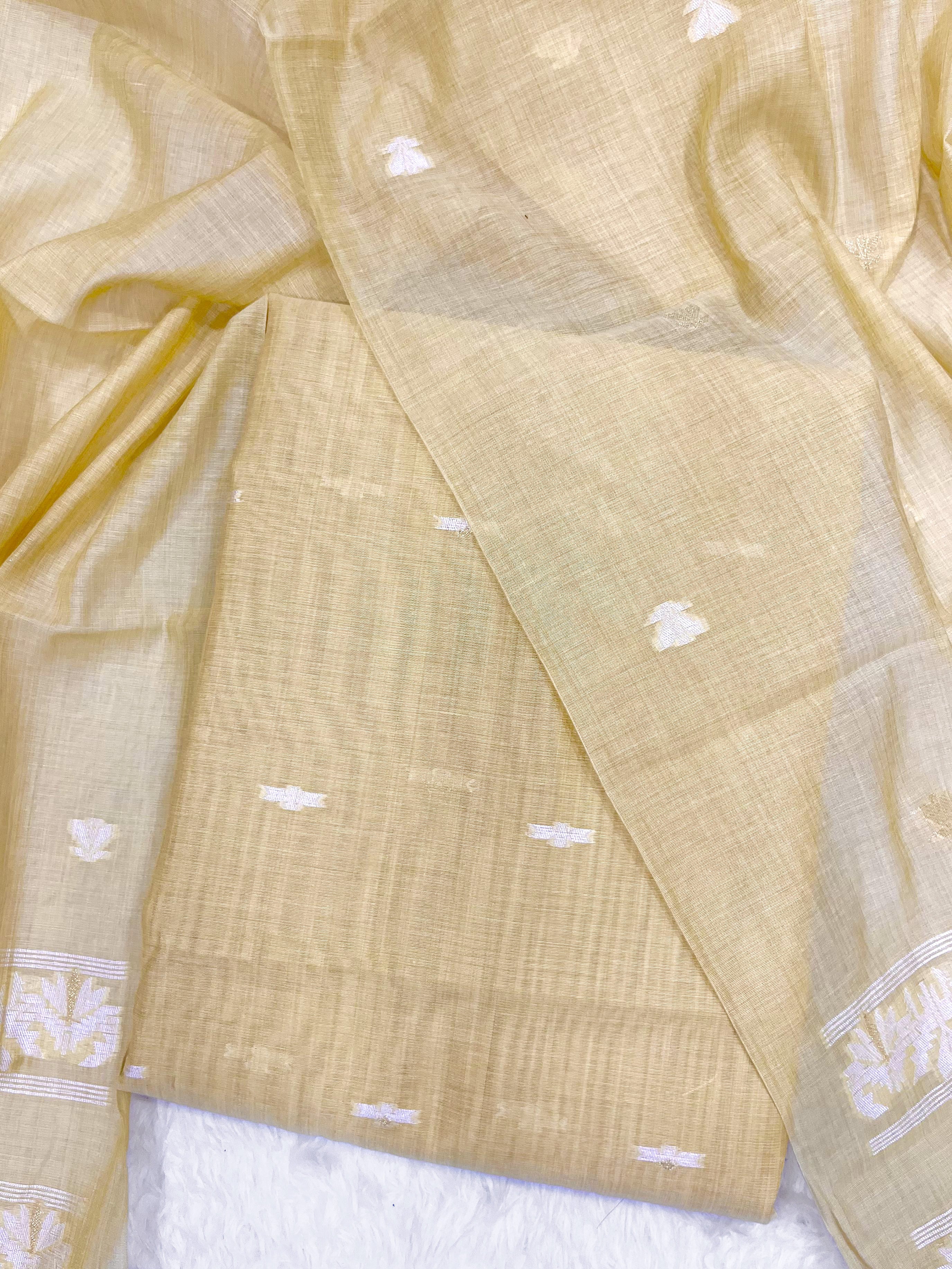 Yellow Pure Soft Linen Cotton Embroidered Work Unstitched Dress Material