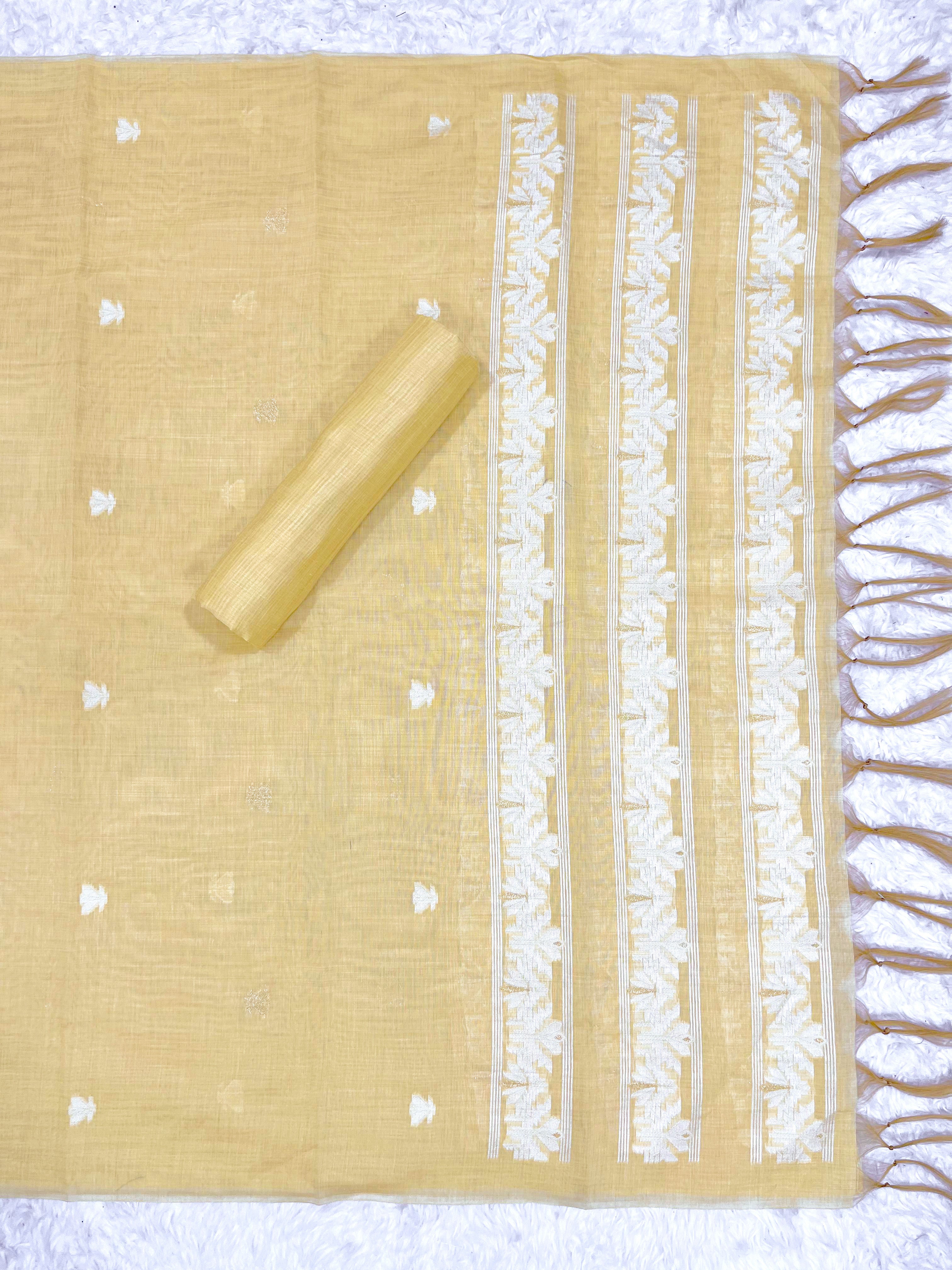 Yellow Pure Soft Linen Cotton Embroidered Work Unstitched Dress Material