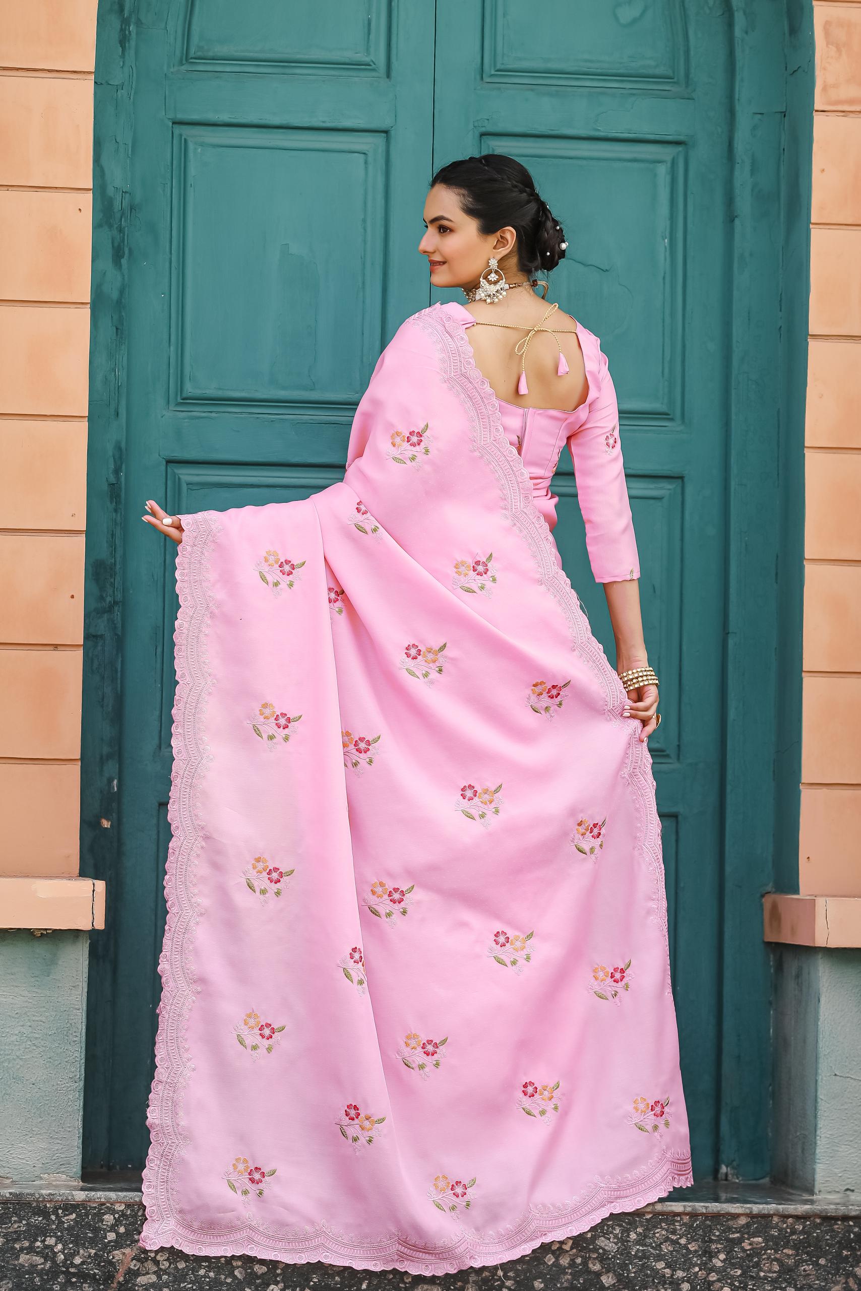 Peony Floral Embroidered Work Cotton Saree