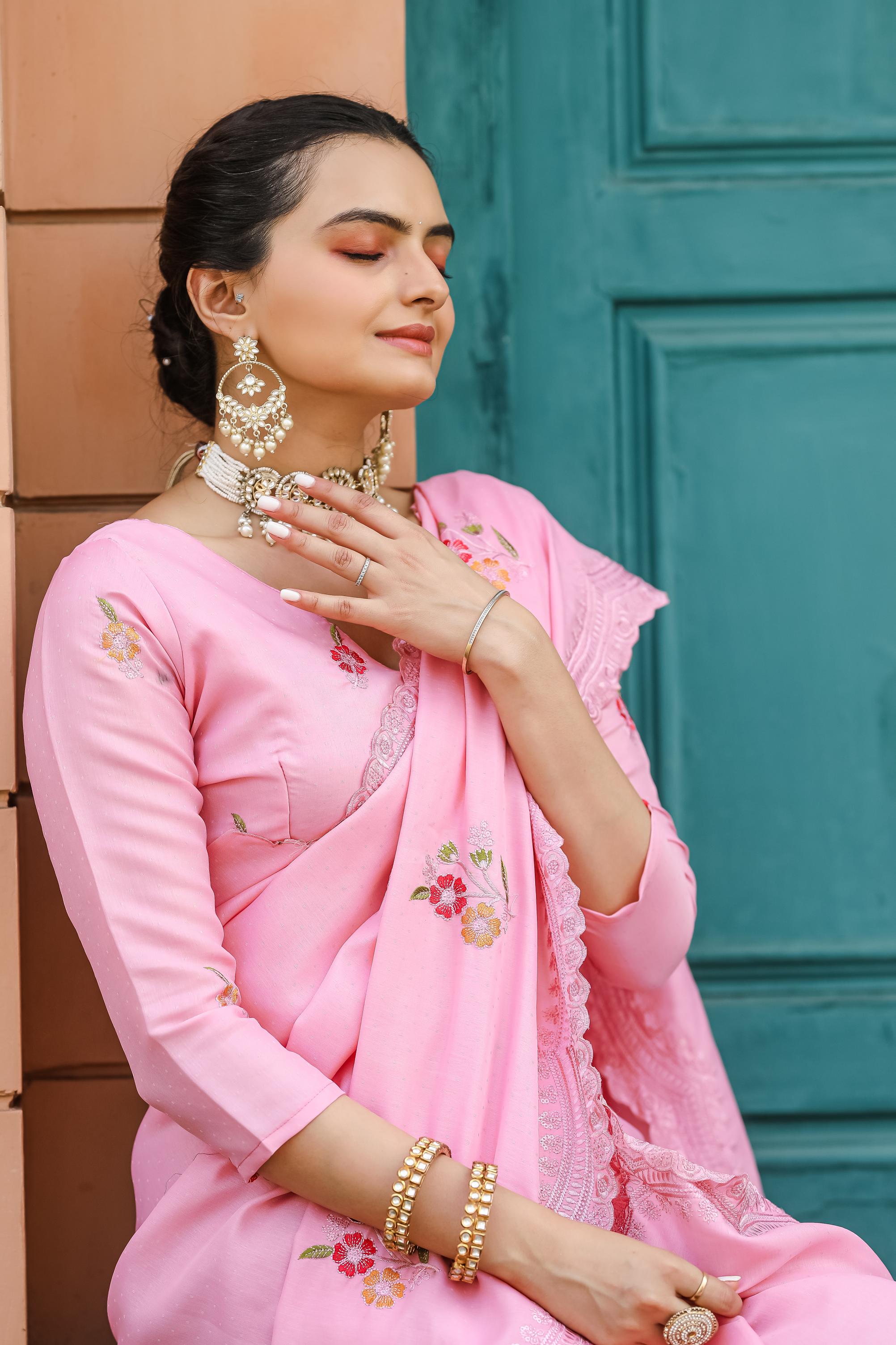 Peony Floral Embroidered Work Cotton Saree
