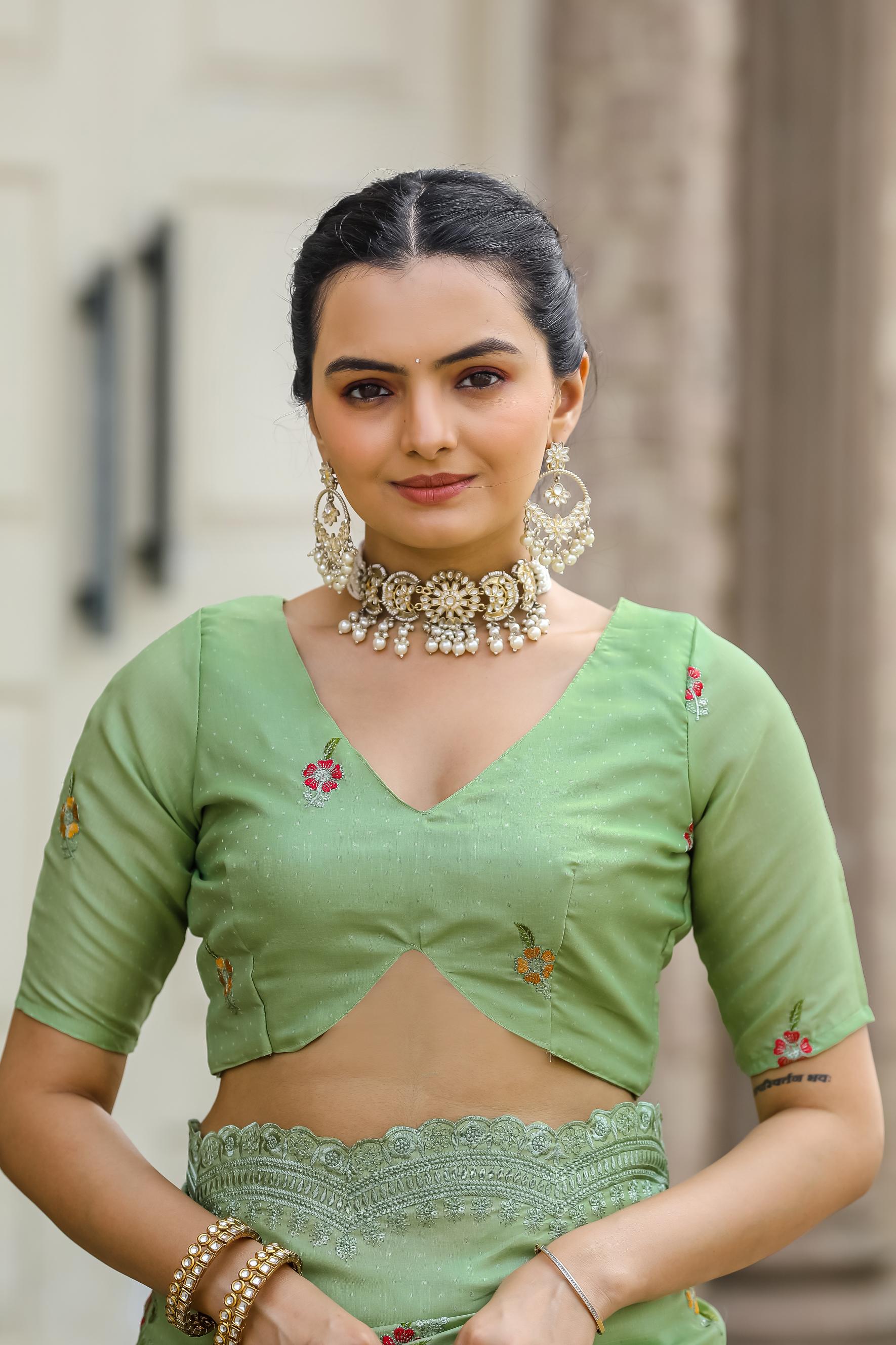 Olive Green Floral Embroidered Work Cotton Saree