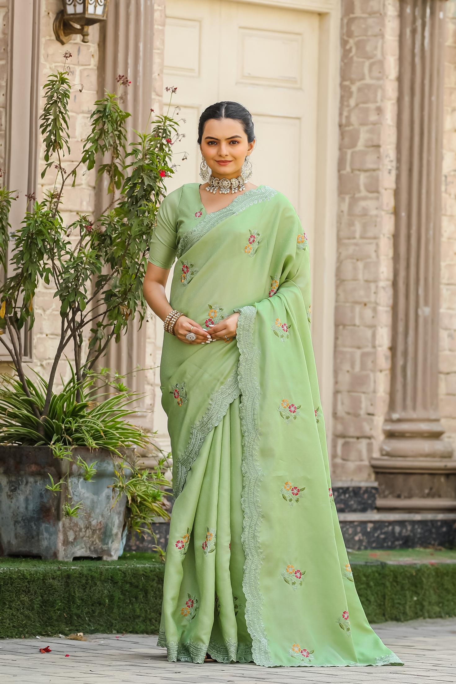 Olive Green Floral Embroidered Work Cotton Saree