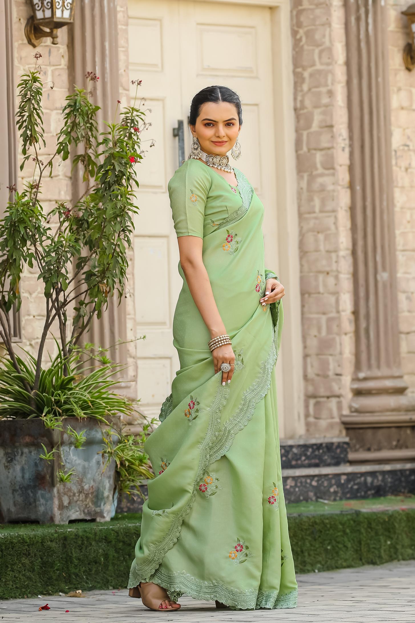 Olive Green Floral Embroidered Work Cotton Saree