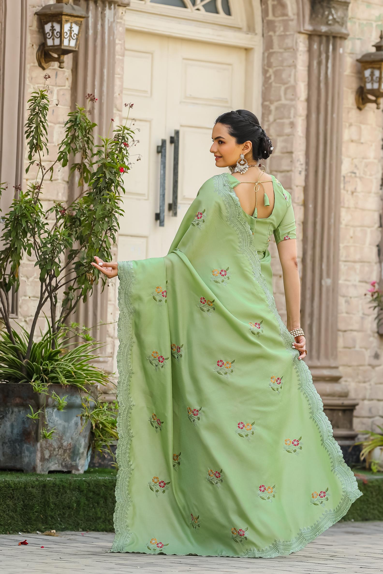 Olive Green Floral Embroidered Work Cotton Saree
