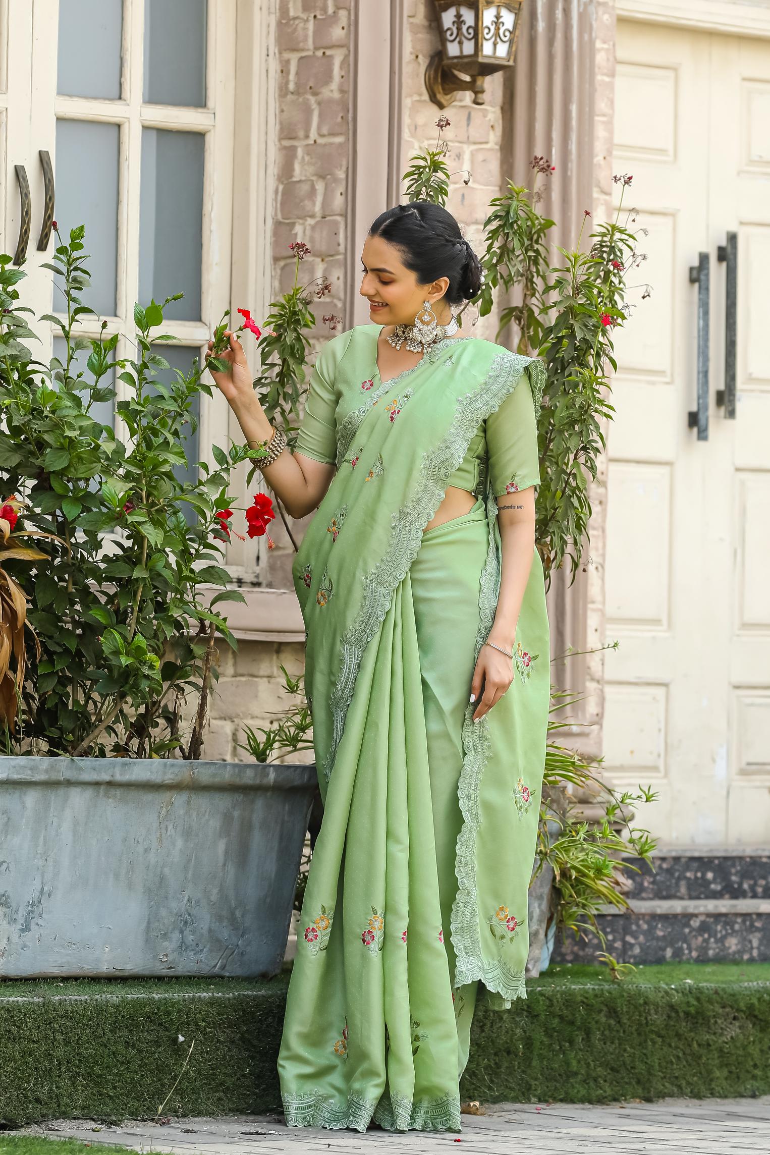 Olive Green Floral Embroidered Work Cotton Saree