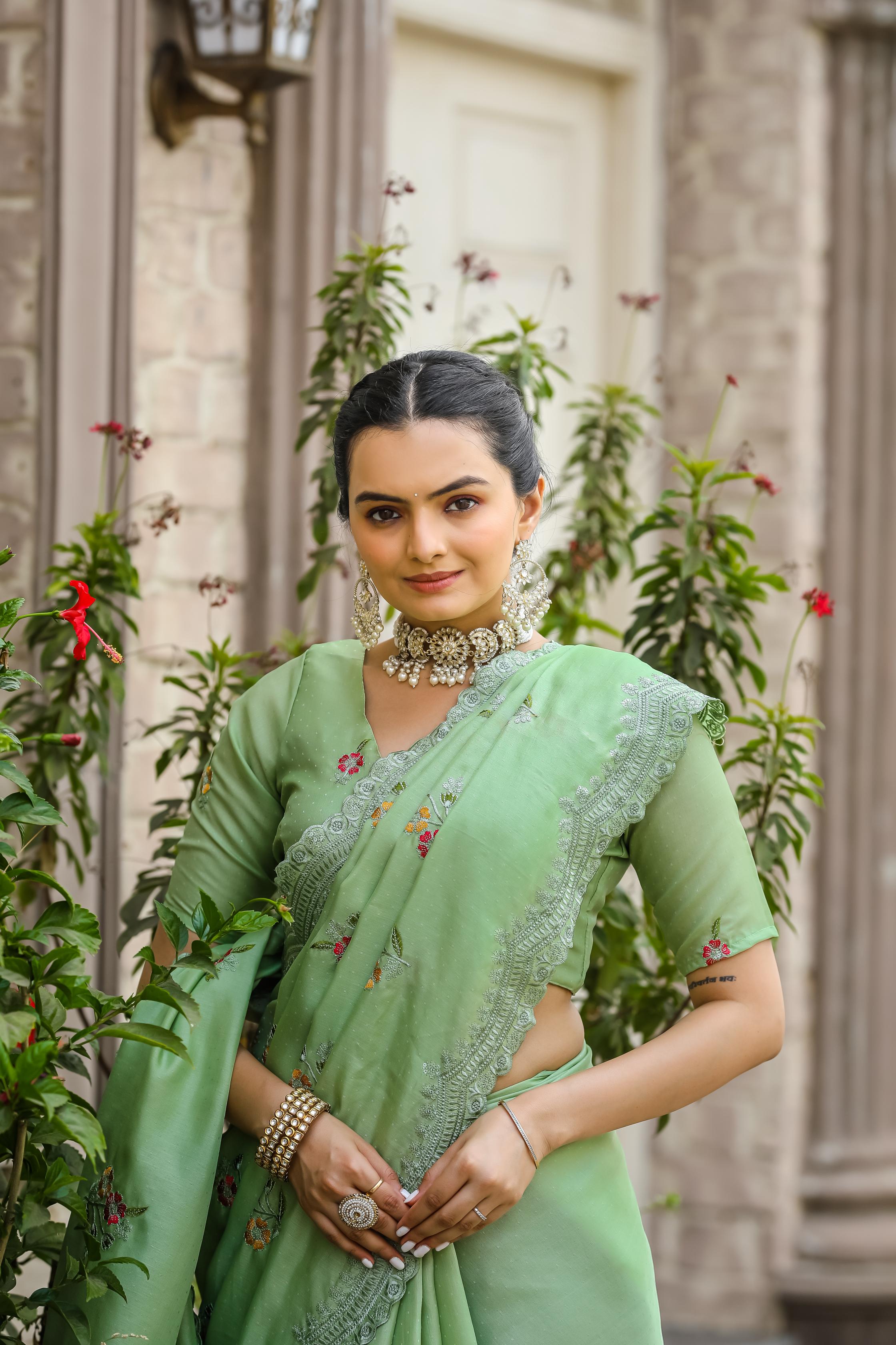 Olive Green Floral Embroidered Work Cotton Saree
