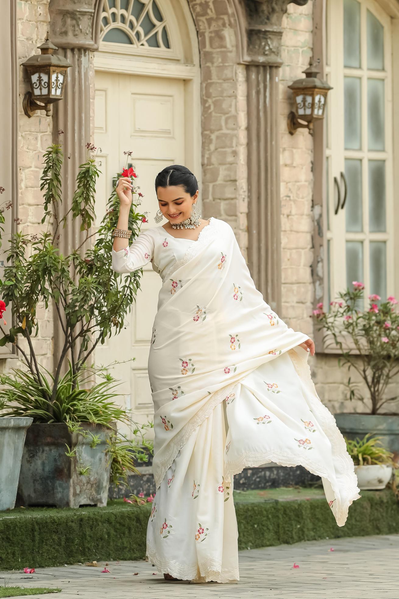 Eggshell Floral Embroidered Work Cotton Saree