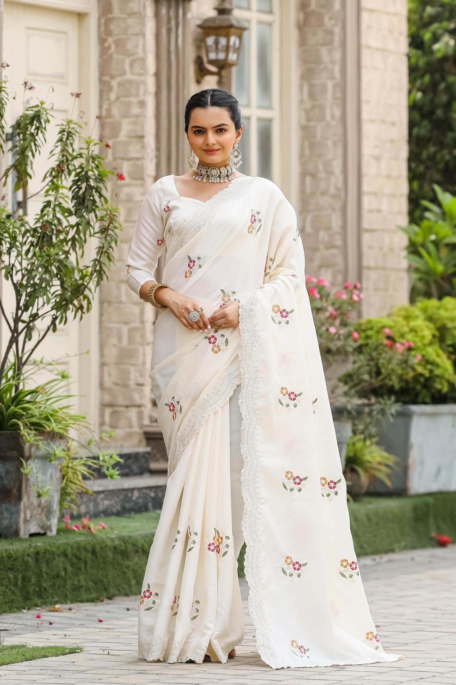Eggshell Floral Embroidered Work Cotton Saree