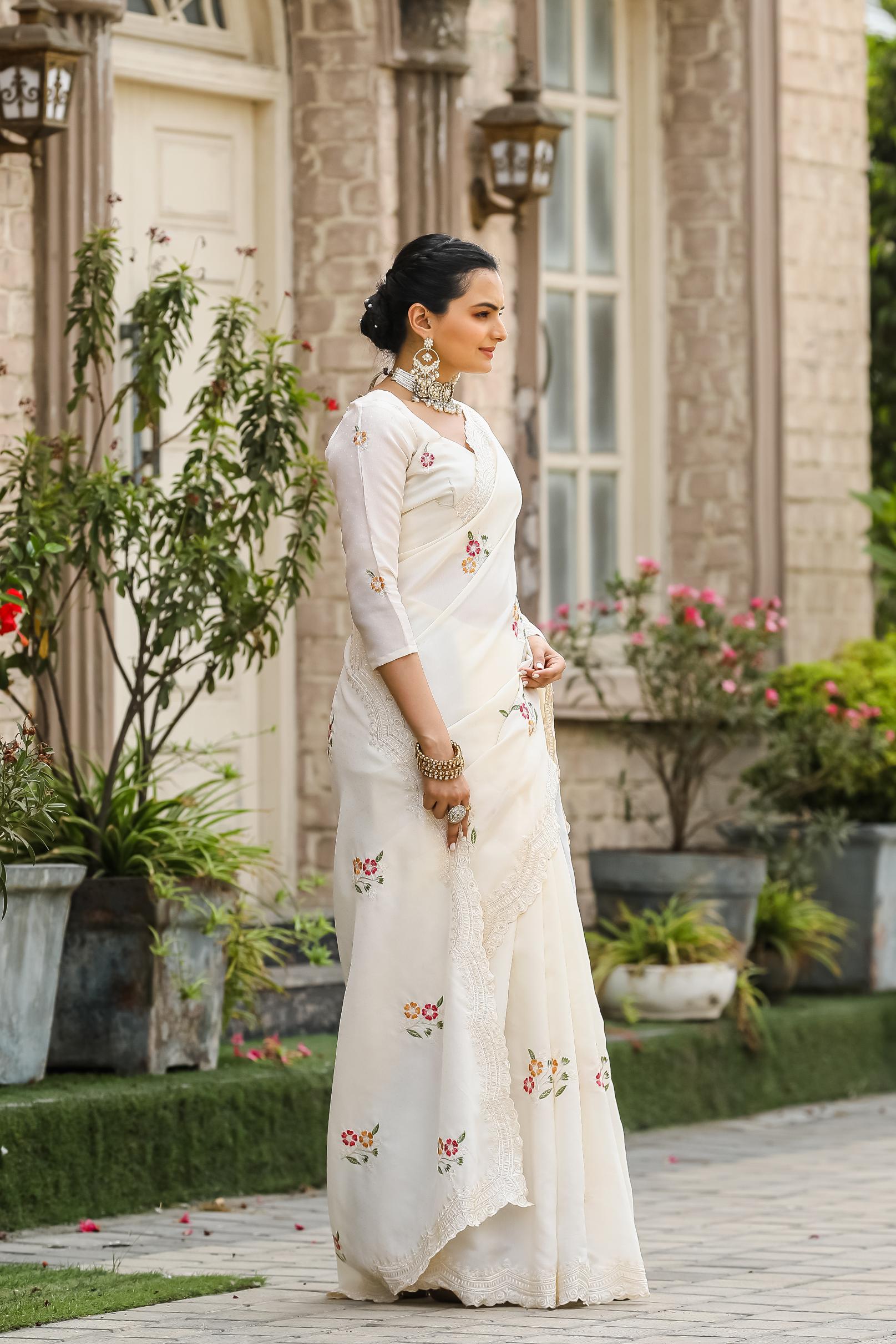 Eggshell Floral Embroidered Work Cotton Saree