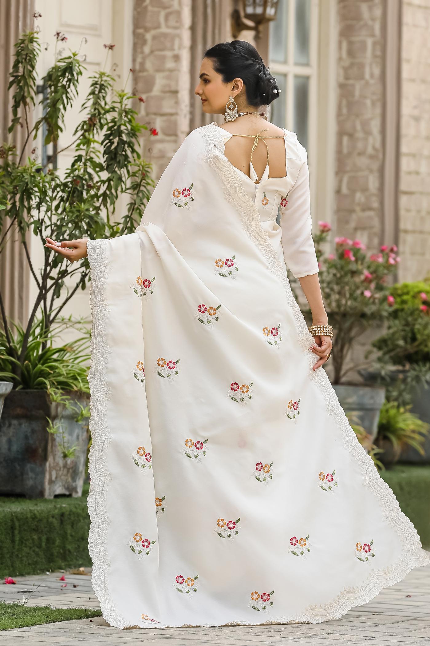 Eggshell Floral Embroidered Work Cotton Saree