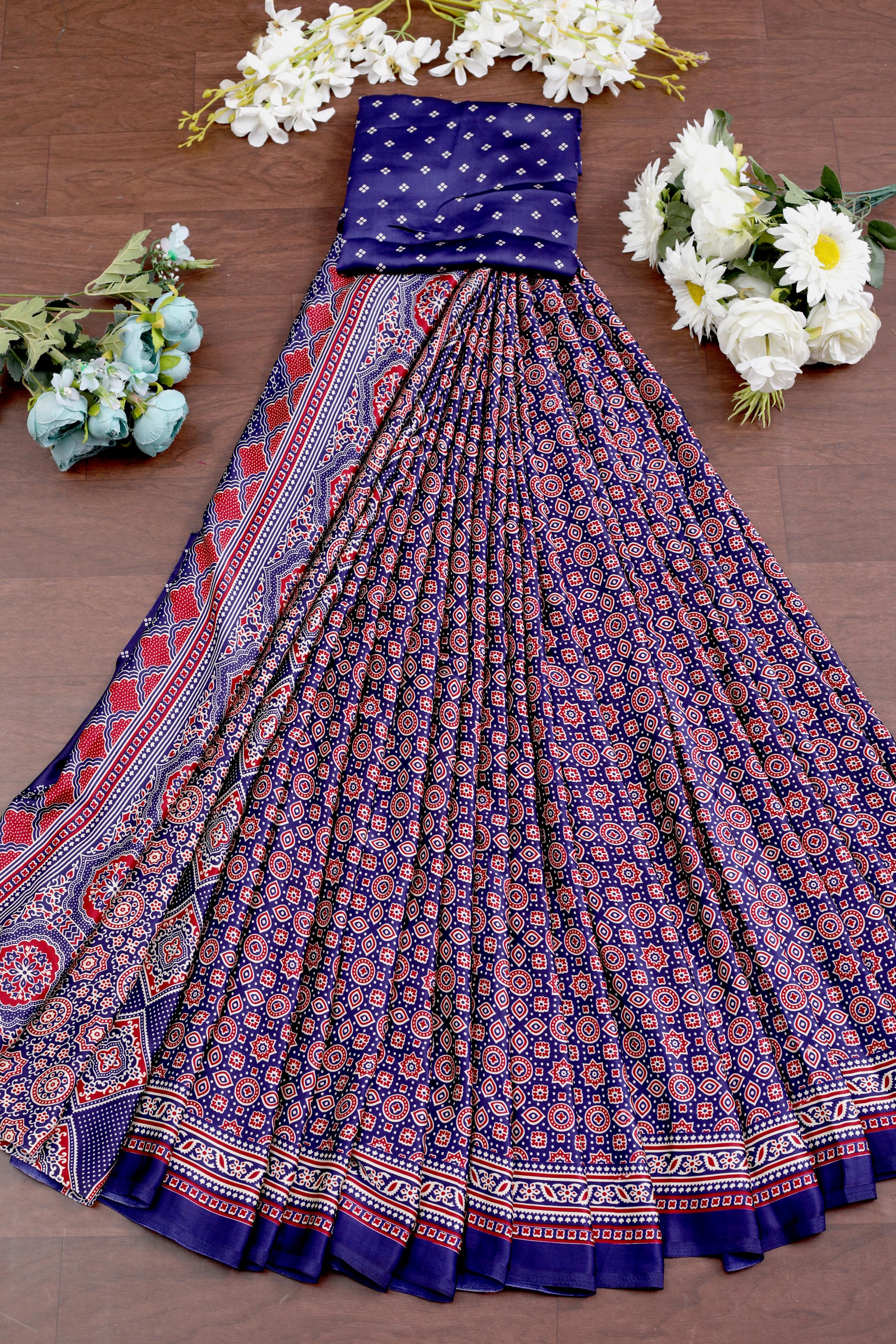 Bindiya Blue Modal Silk Ajrakh Natural Print Saree
