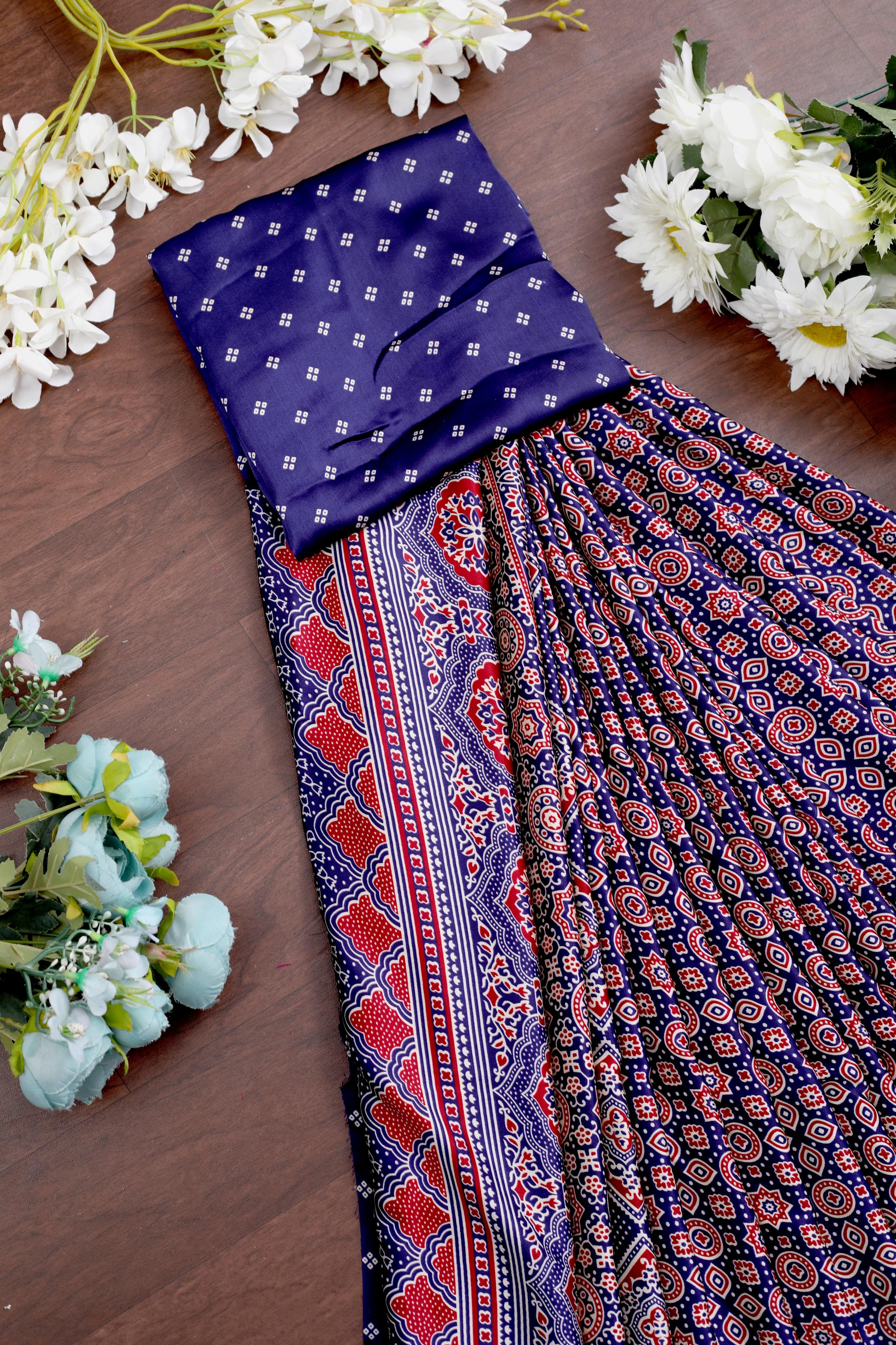Bindiya Blue Modal Silk Ajrakh Natural Print Saree