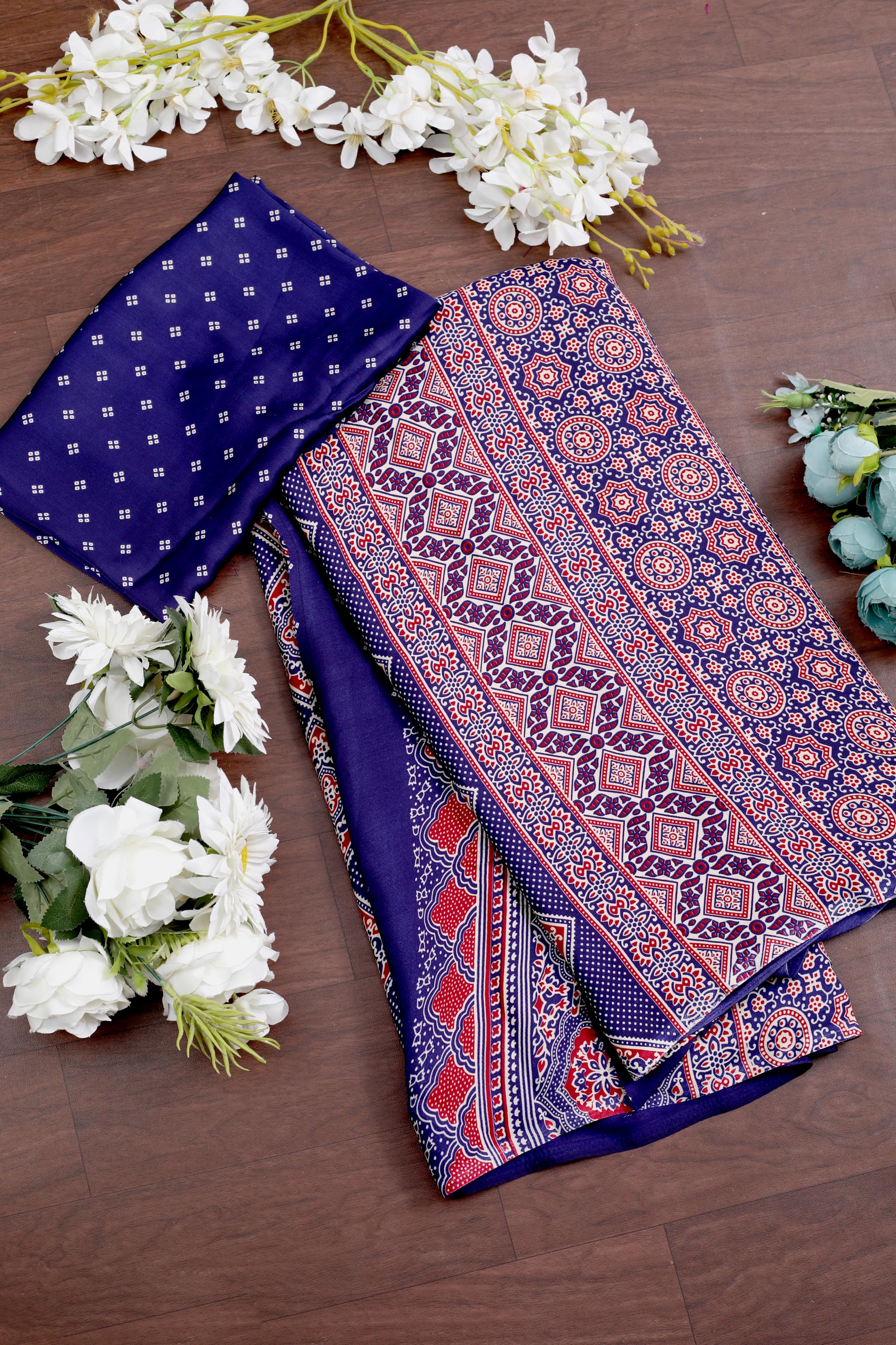 Bindiya Blue Modal Silk Ajrakh Natural Print Saree