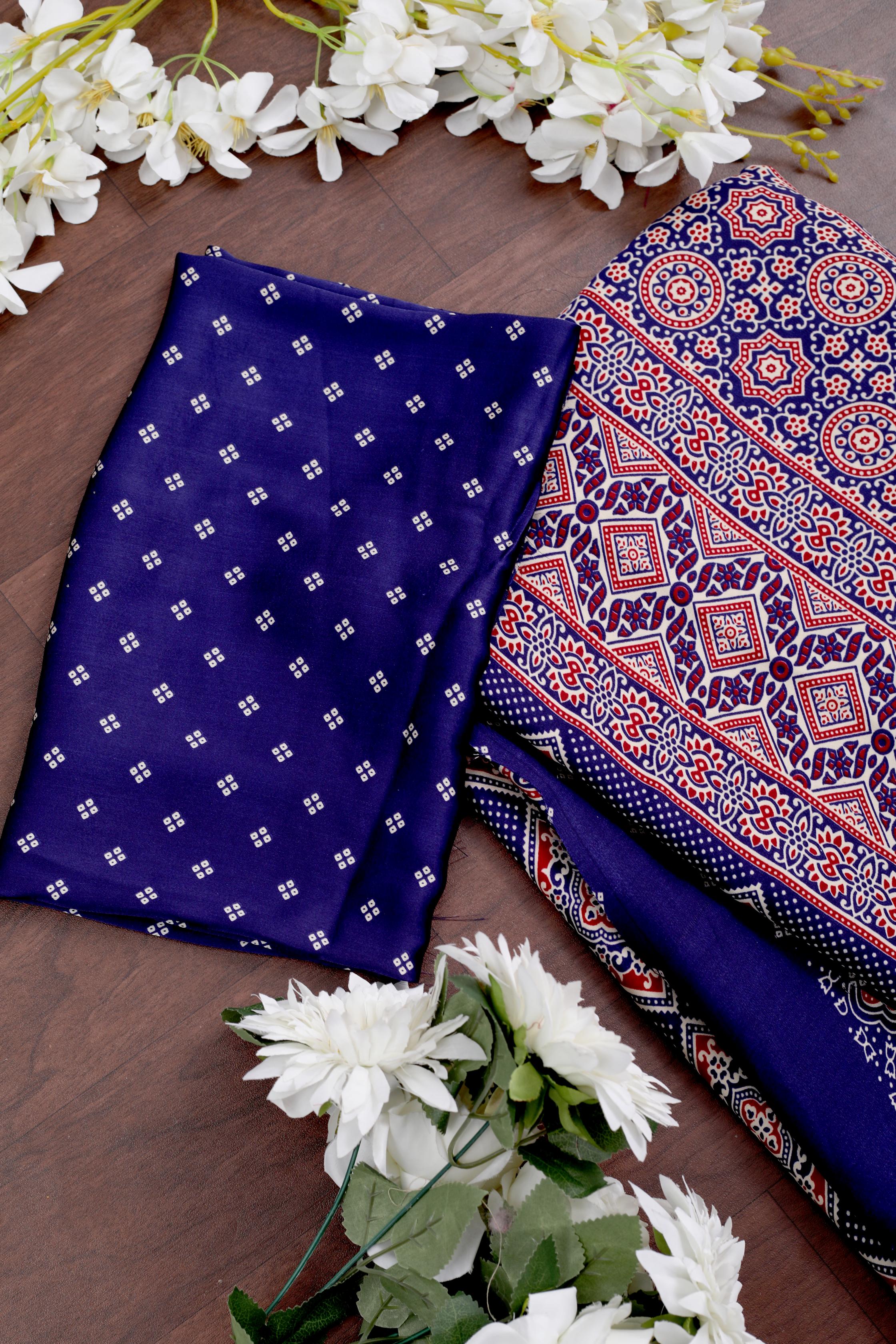 Bindiya Blue Modal Silk Ajrakh Natural Print Saree