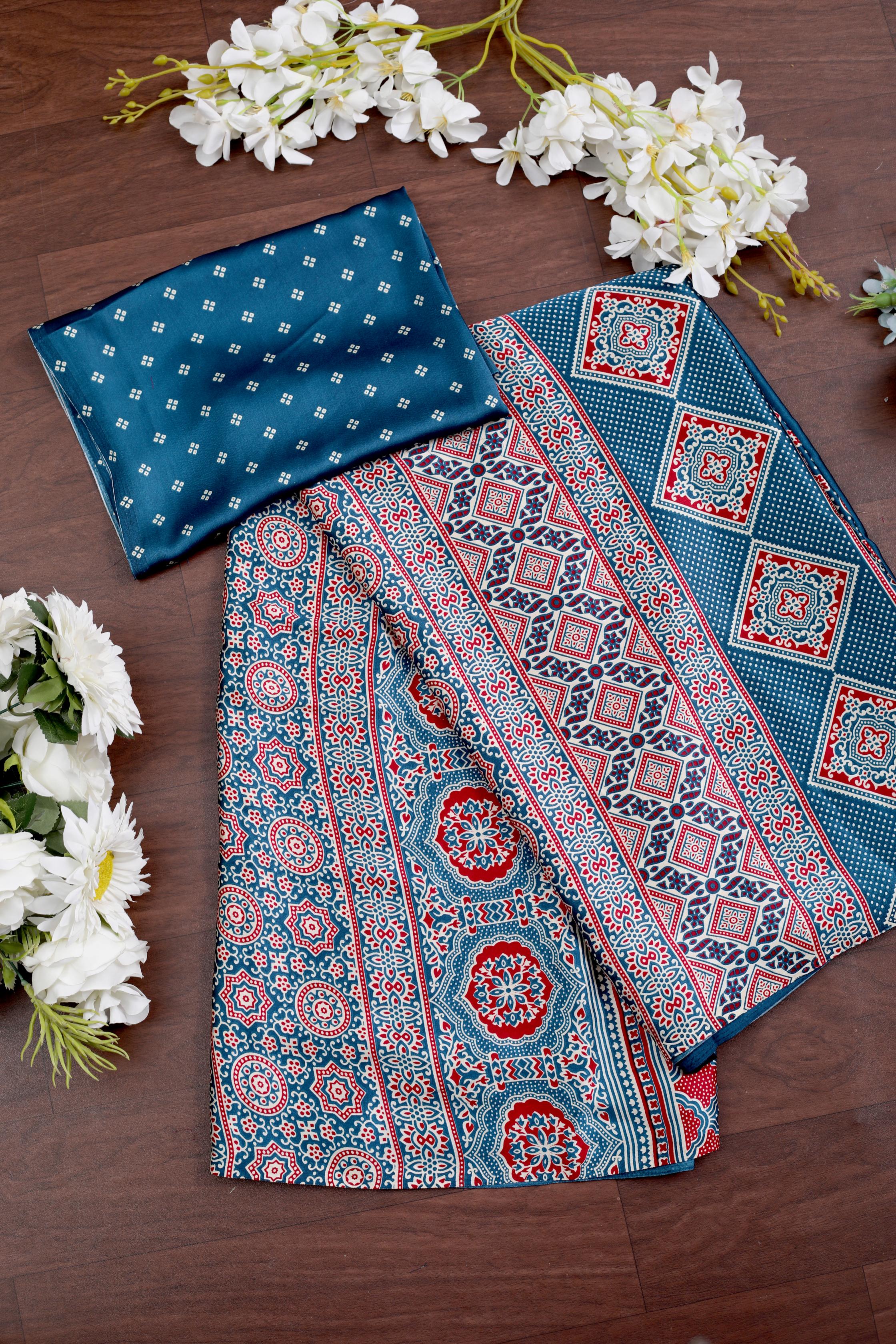Bindiya Indigo Modal Silk Ajrakh Natural Print Saree