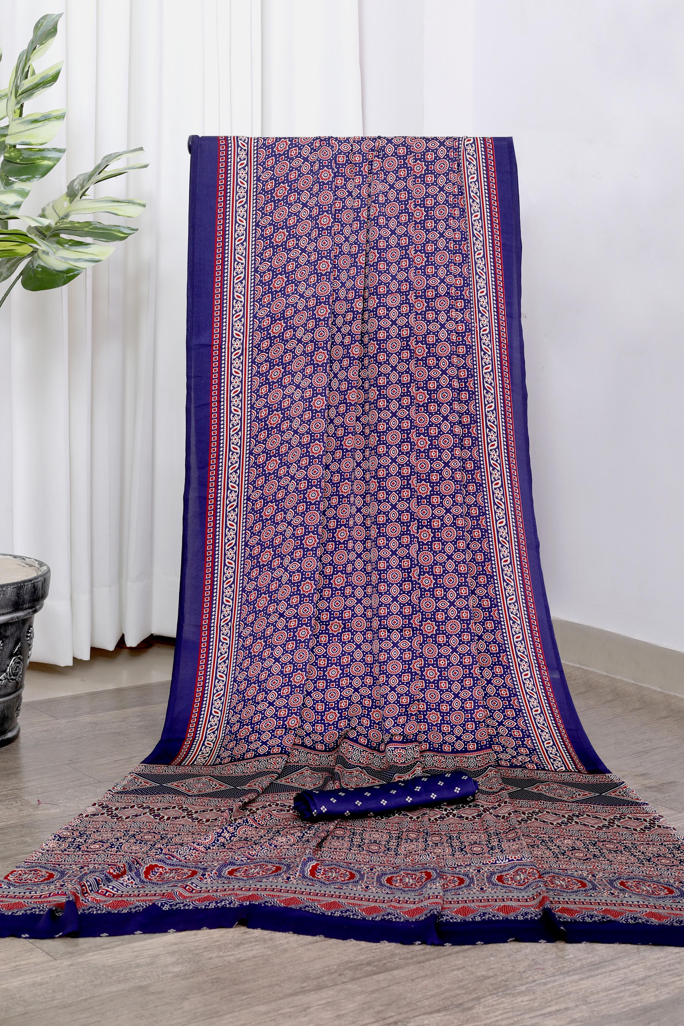 Bindiya Blue Modal Silk Ajrakh Natural Print Saree