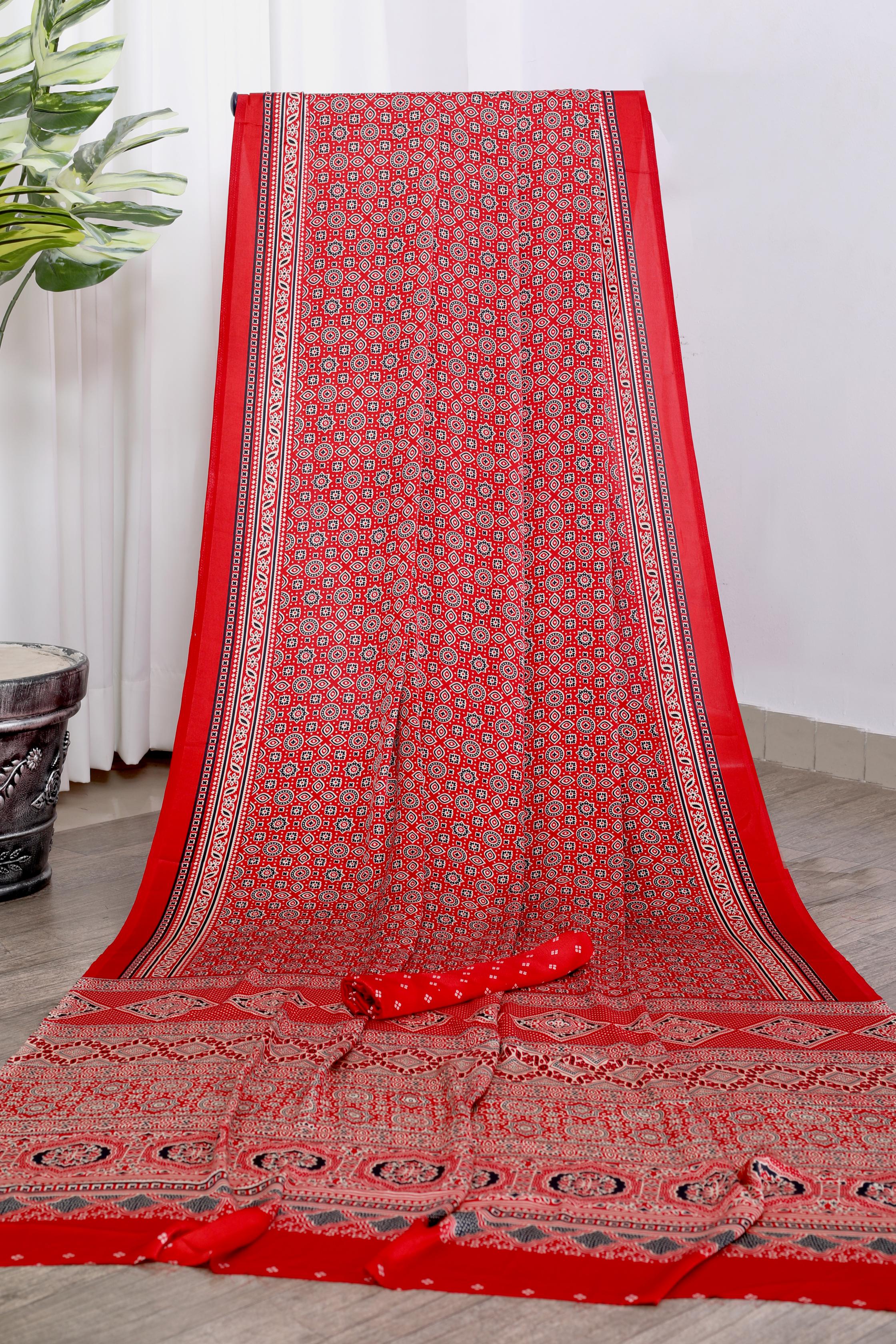 Bindiya Red Modal Silk Ajrakh Natural Print Saree