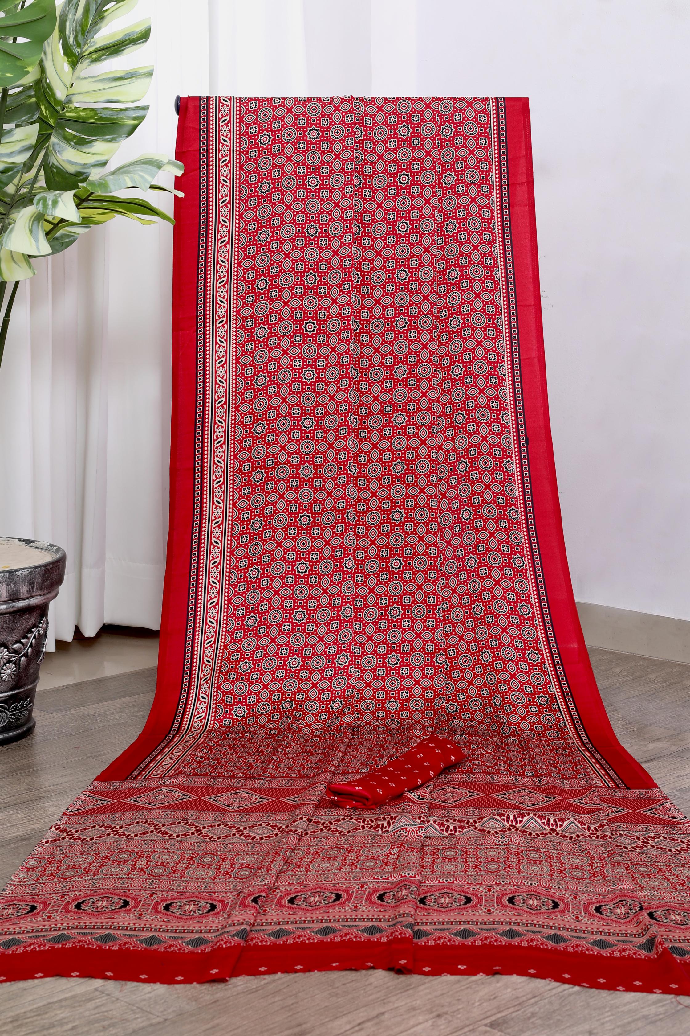 Bindiya Maroon Modal Silk Ajrakh Natural Print Saree