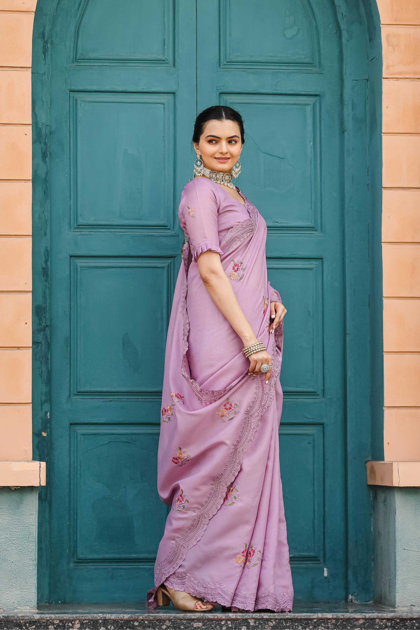Lavender Floral Embroidered Work Cotton Saree