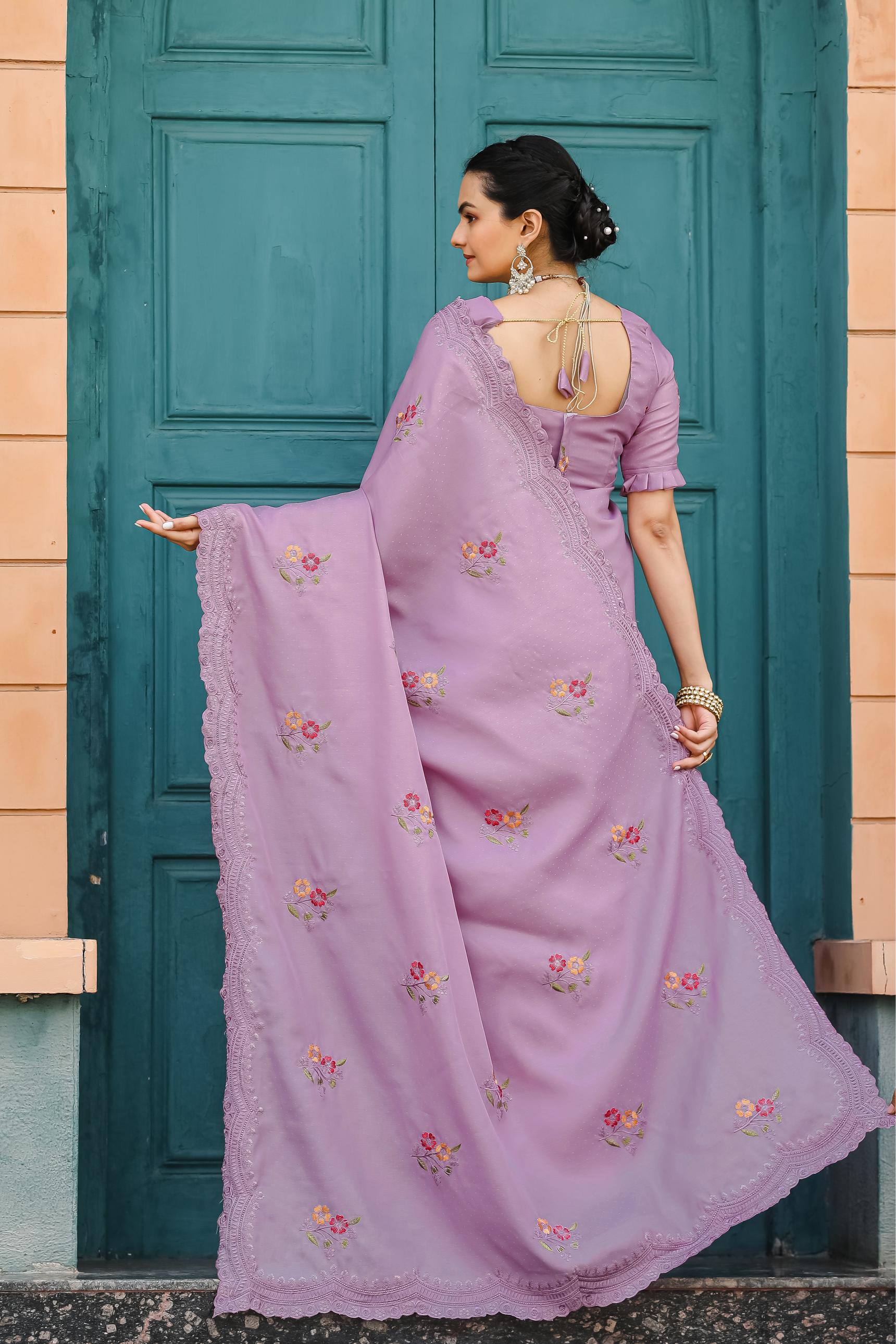 Lavender Floral Embroidered Work Cotton Saree