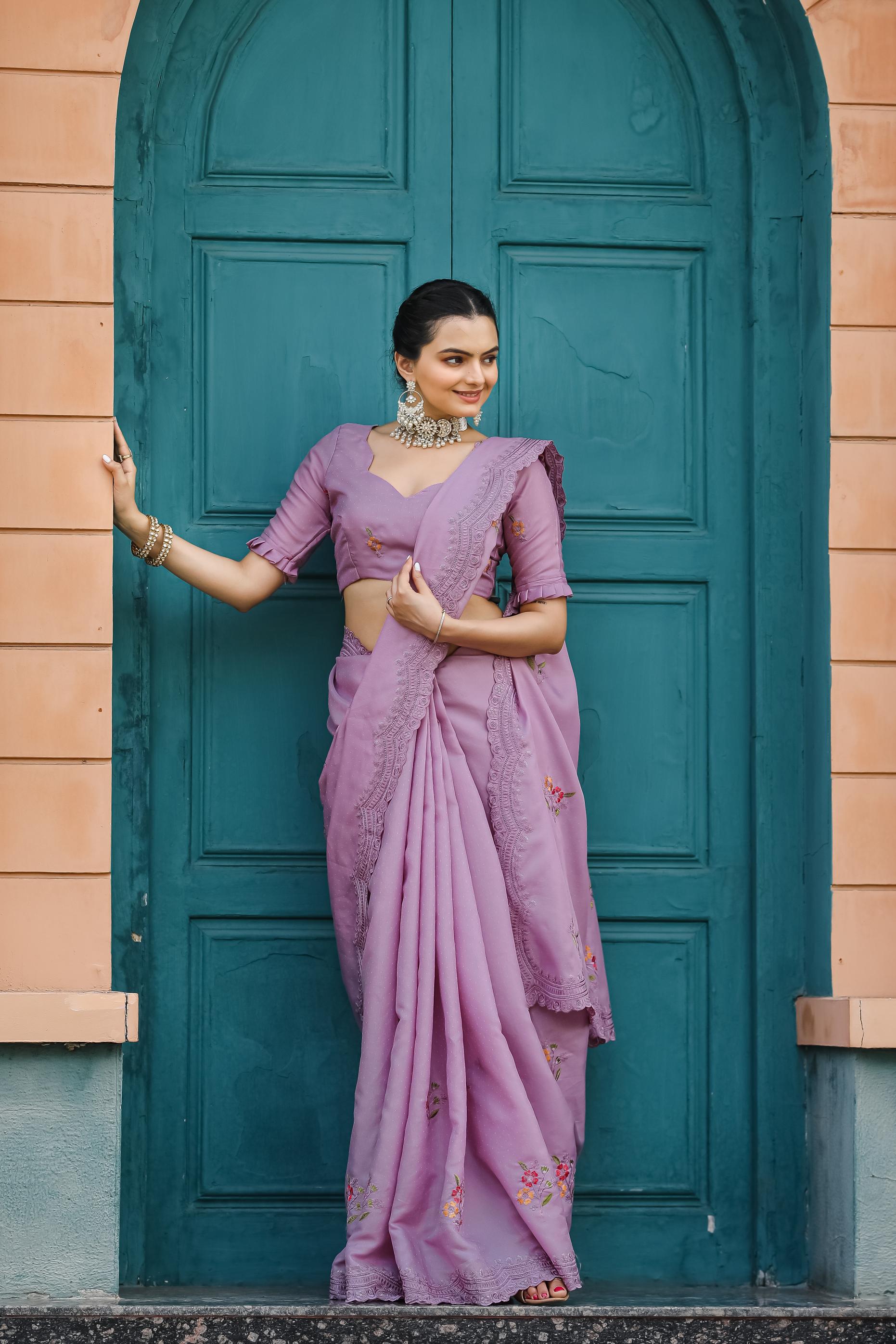 Lavender Floral Embroidered Work Cotton Saree