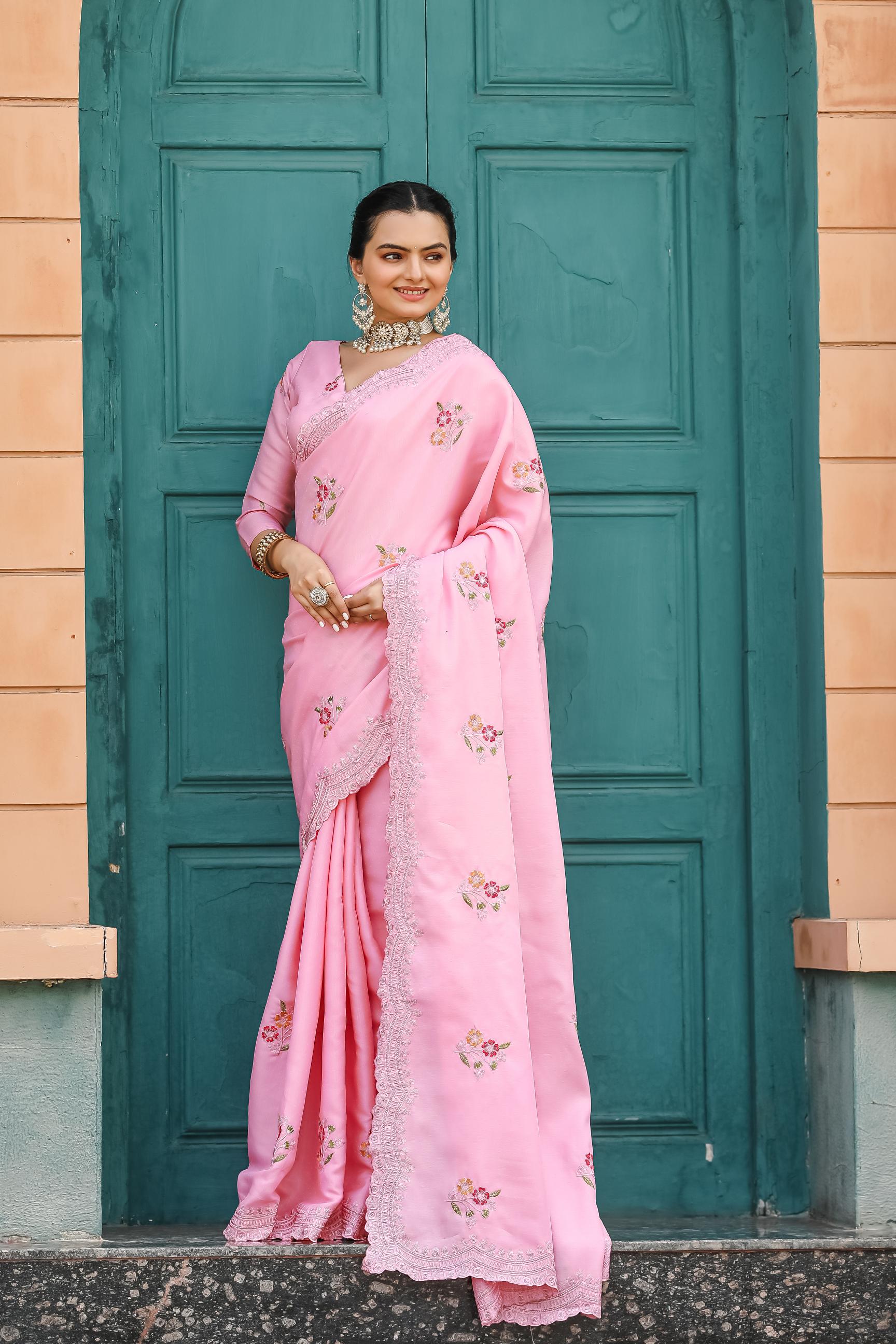 Peony Floral Embroidered Work Cotton Saree