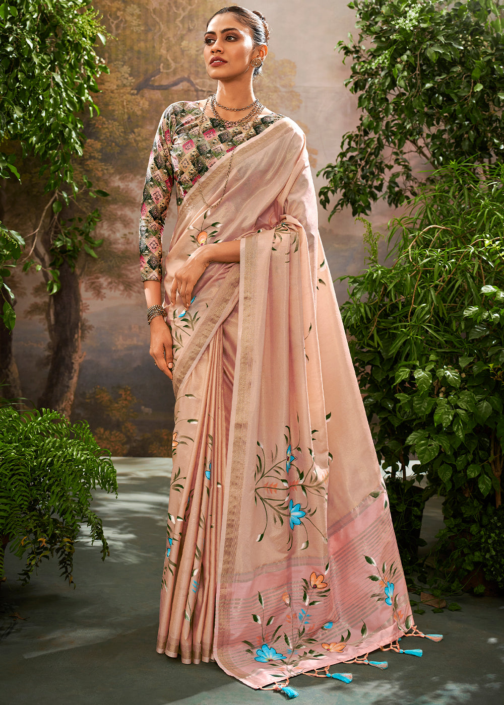Kalindi Pink Soft Linen Tissue Hand Brush Printed Saree