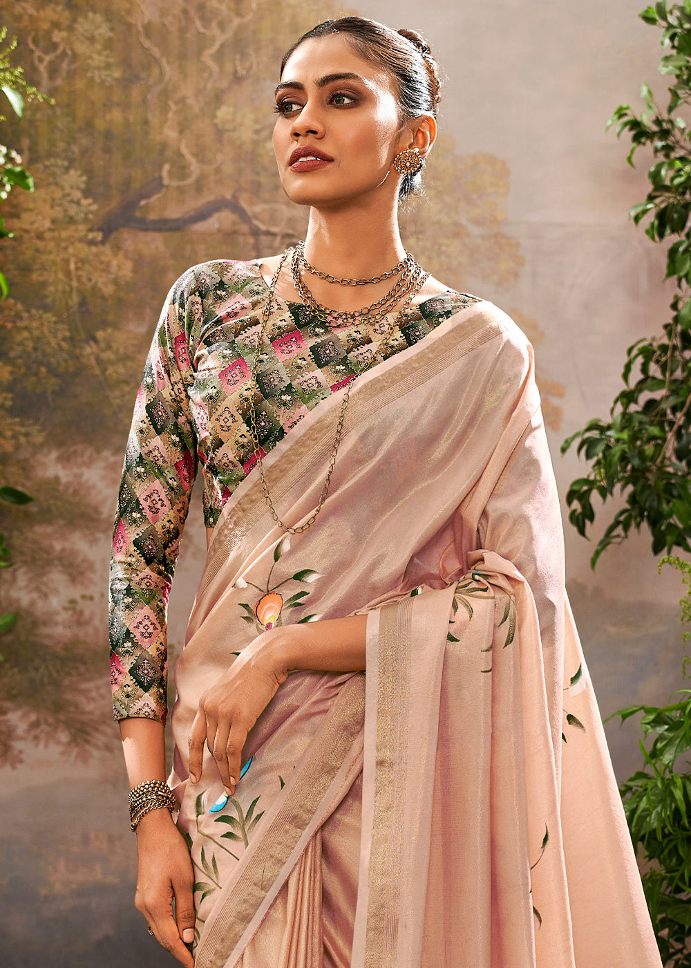 Kalindi Pink Soft Linen Tissue Hand Brush Printed Saree