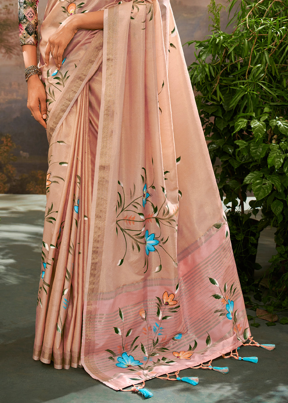 Kalindi Pink Soft Linen Tissue Hand Brush Printed Saree