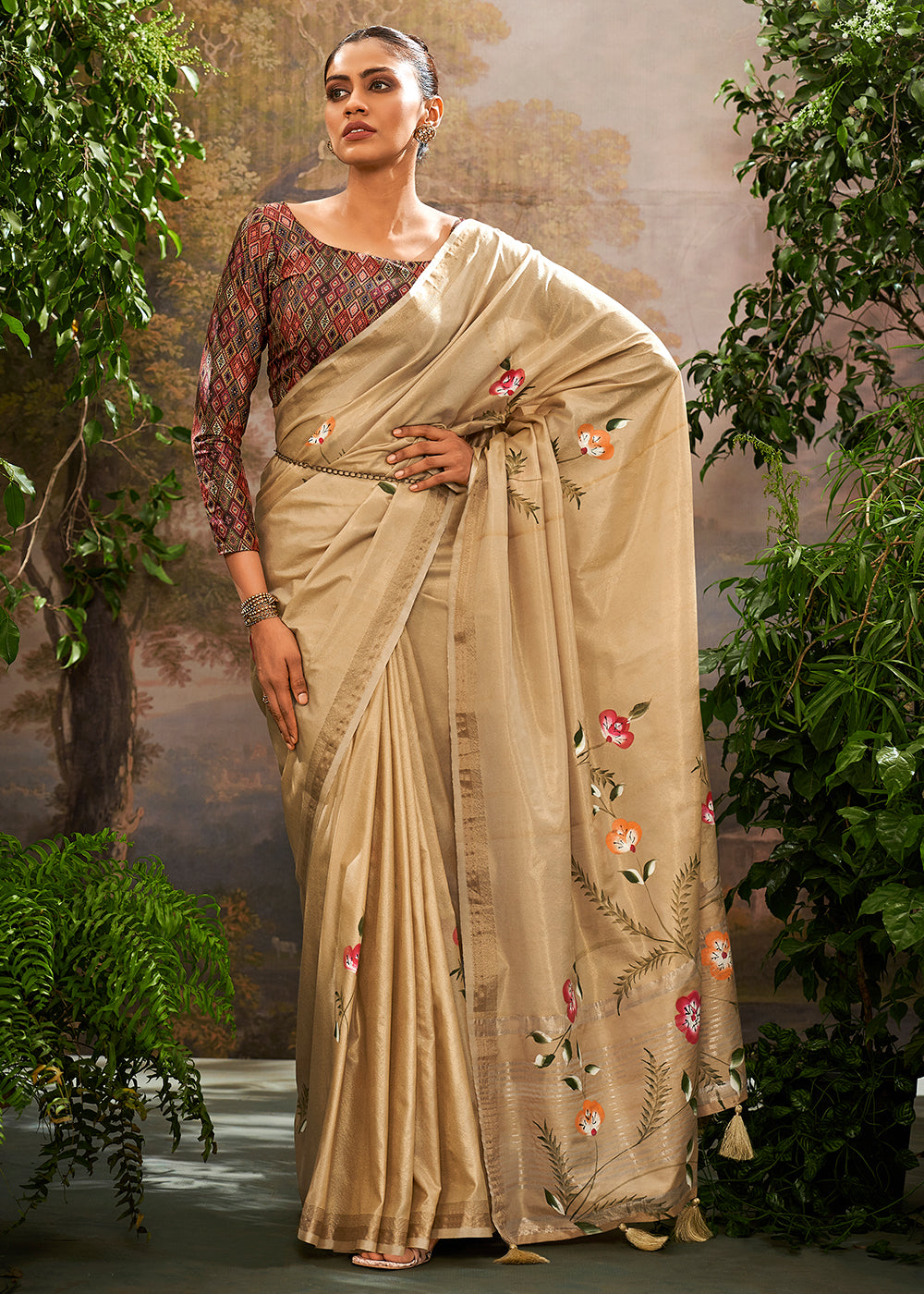 Kalindi Cream Soft Linen Tissue Hand Brush Printed Saree