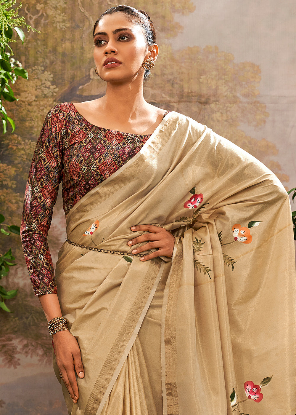 Kalindi Cream Soft Linen Tissue Hand Brush Printed Saree