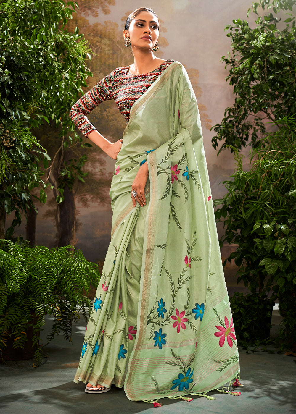 Kalindi Green Soft Linen Tissue Hand Brush Printed Saree