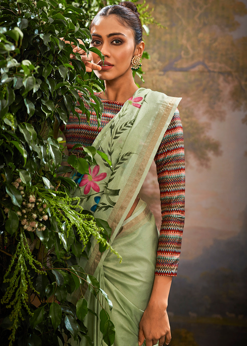 Kalindi Green Soft Linen Tissue Hand Brush Printed Saree