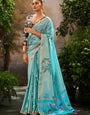 Kalindi Sky Blue Soft Linen Tissue Hand Brush Printed Saree