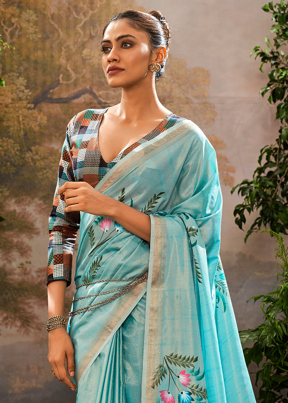 Kalindi Sky Blue Soft Linen Tissue Hand Brush Printed Saree
