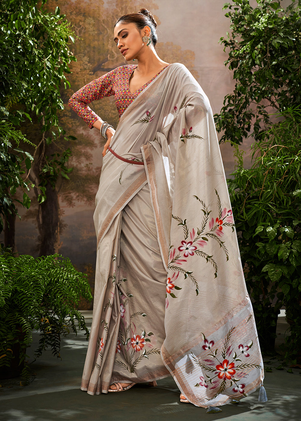 Kalindi Grey Soft Linen Tissue Hand Brush Printed Saree