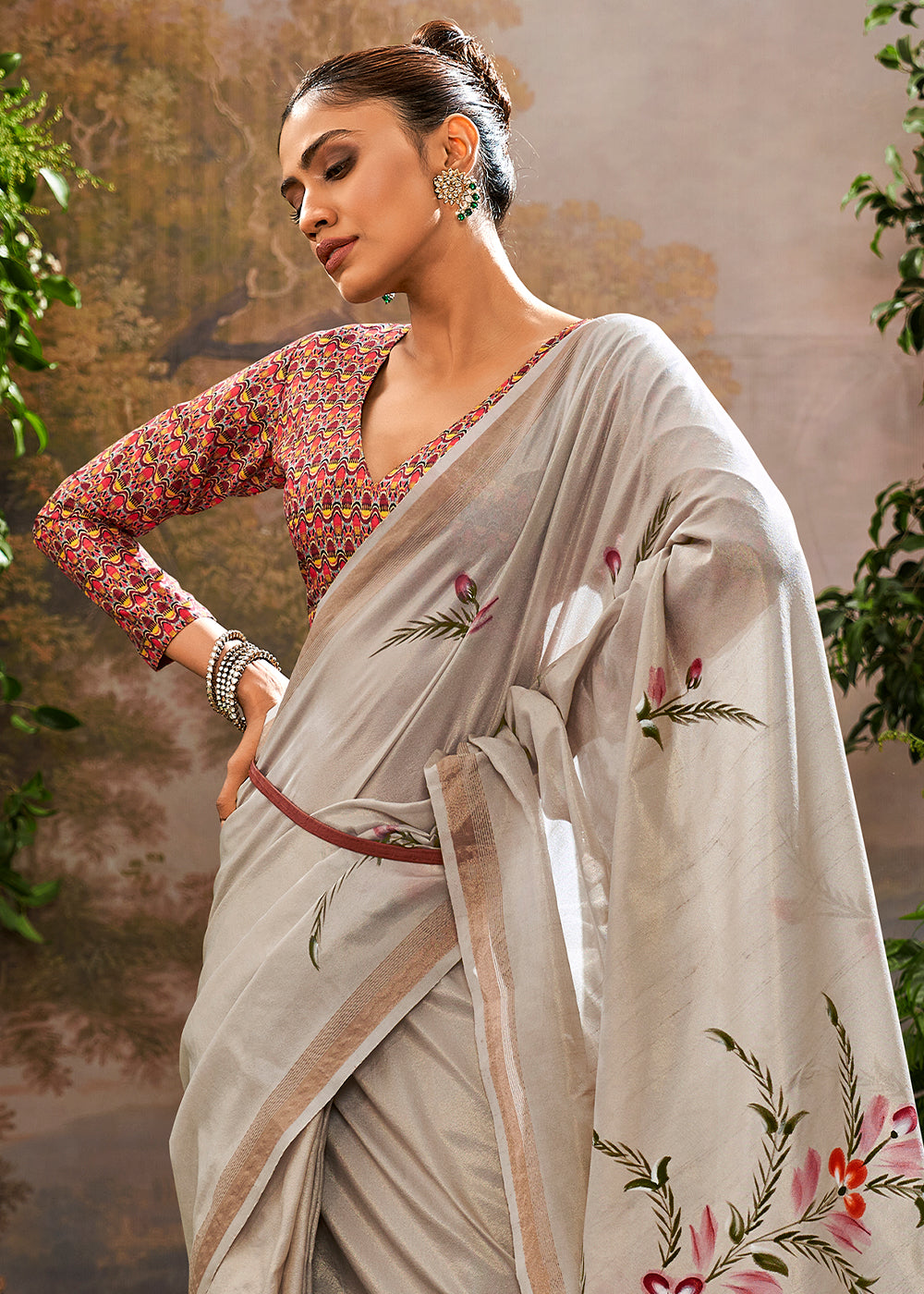 Kalindi Grey Soft Linen Tissue Hand Brush Printed Saree
