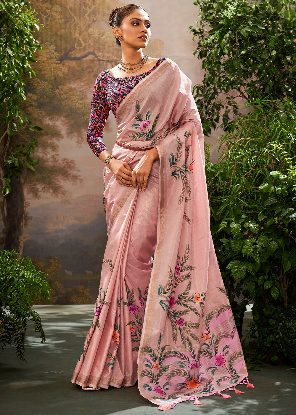 Kalindi Blush Pink Soft Linen Tissue Hand Brush Printed Saree