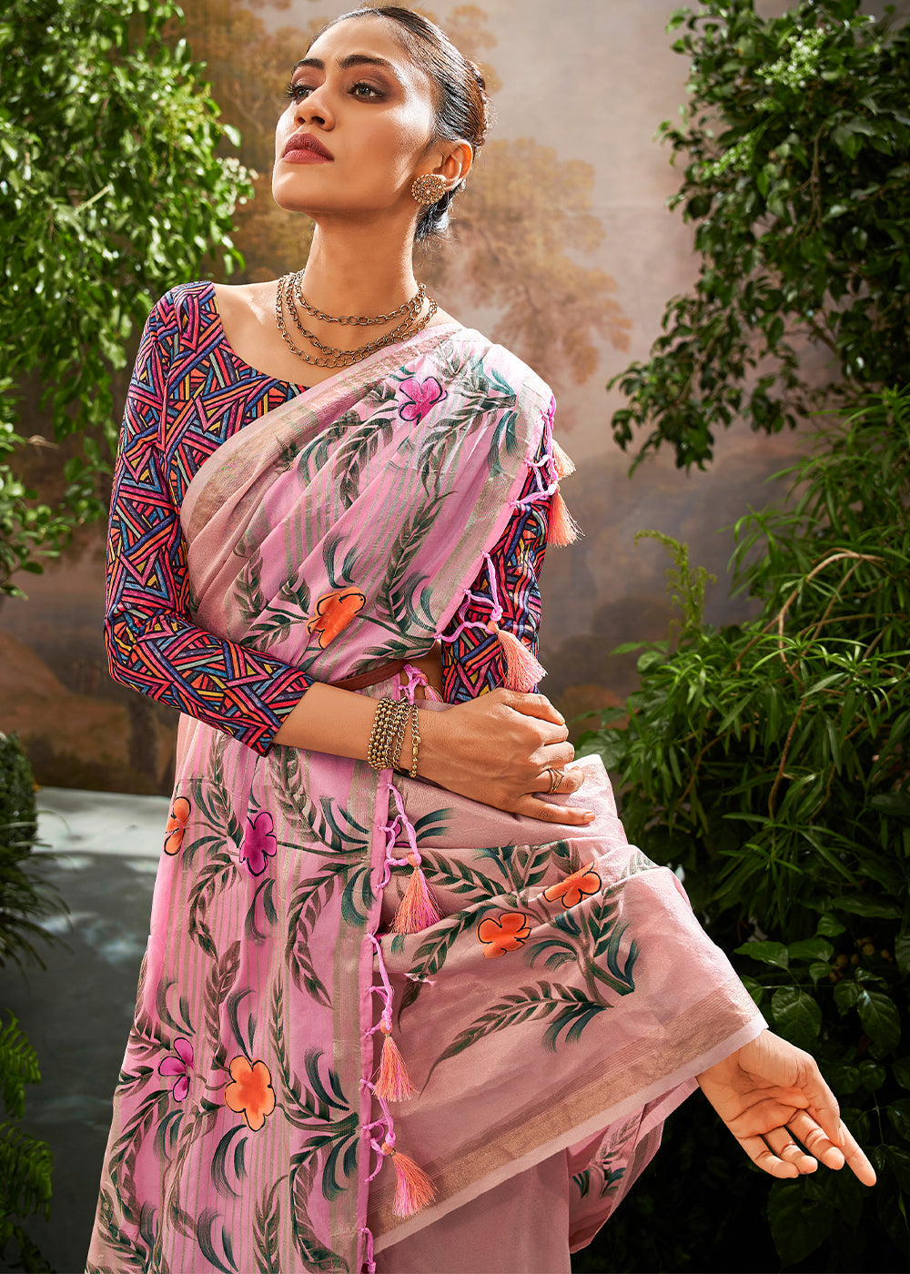 Kalindi Blush Pink Soft Linen Tissue Hand Brush Printed Saree