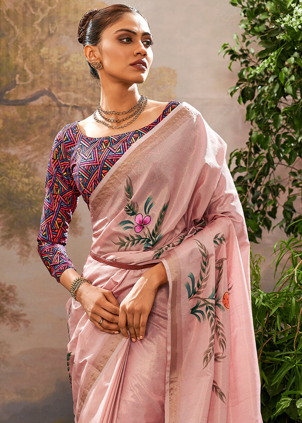 Kalindi Blush Pink Soft Linen Tissue Hand Brush Printed Saree