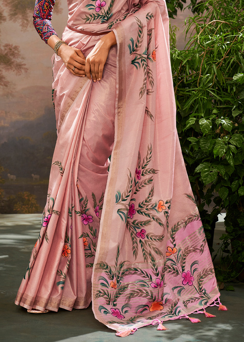 Kalindi Blush Pink Soft Linen Tissue Hand Brush Printed Saree