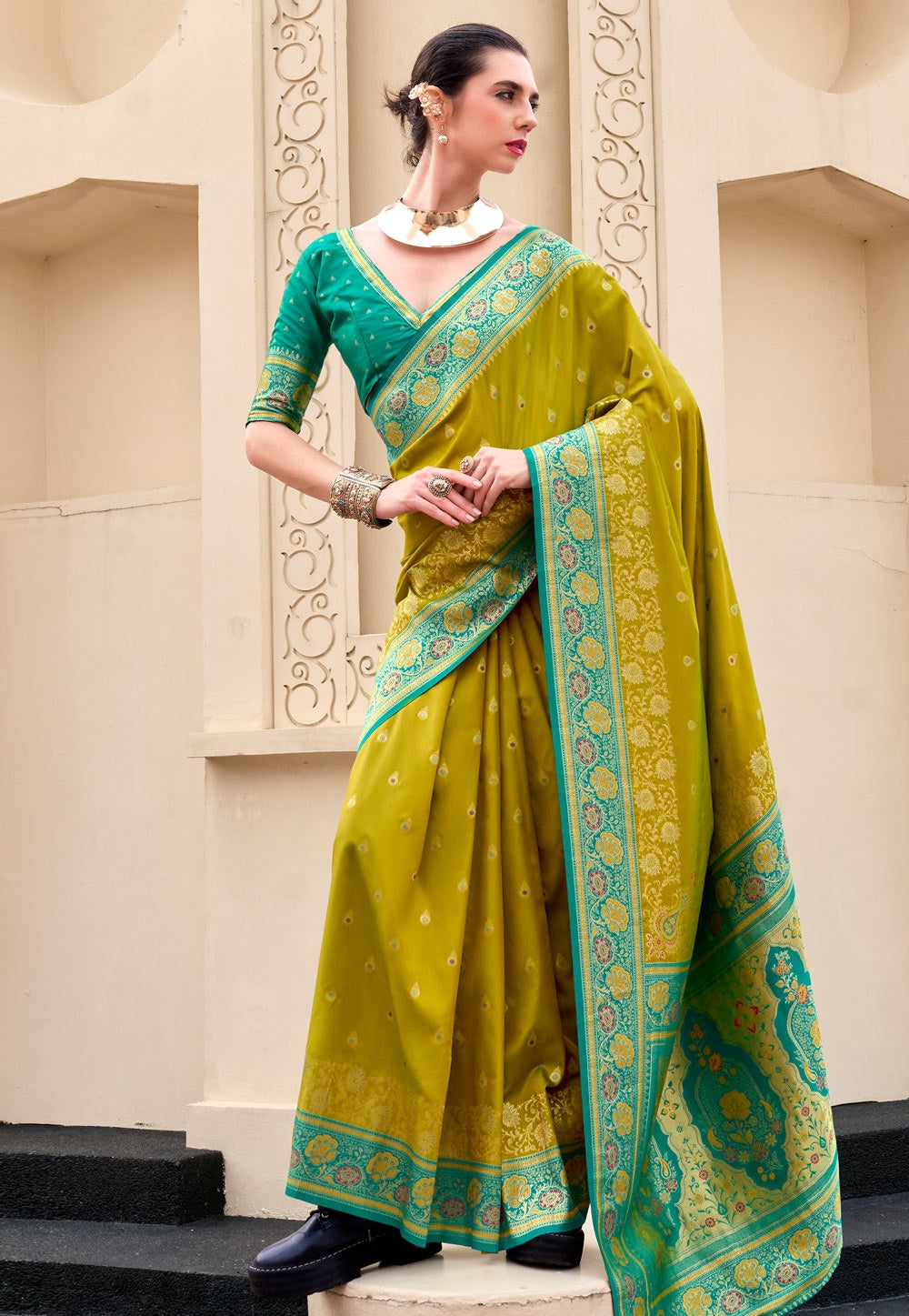 Soudarya Mehndi Pure Soft Banarasi Silk Waving Saree
