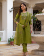 Olive Green Viscose Mango Silk Embroidery Thread With Hand Work Suit Set