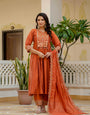 Rust Orange Viscose Roman Silk Embroidery With Real Mirror Hand Work Suit Set