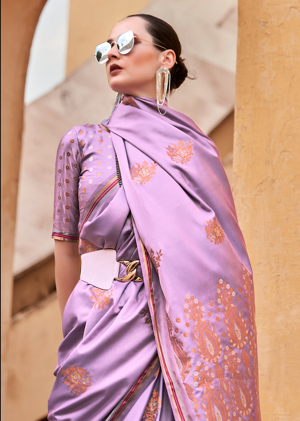 Tathastu Lilac Purple  Pure Sattin With Copper Zari Weaving Saree