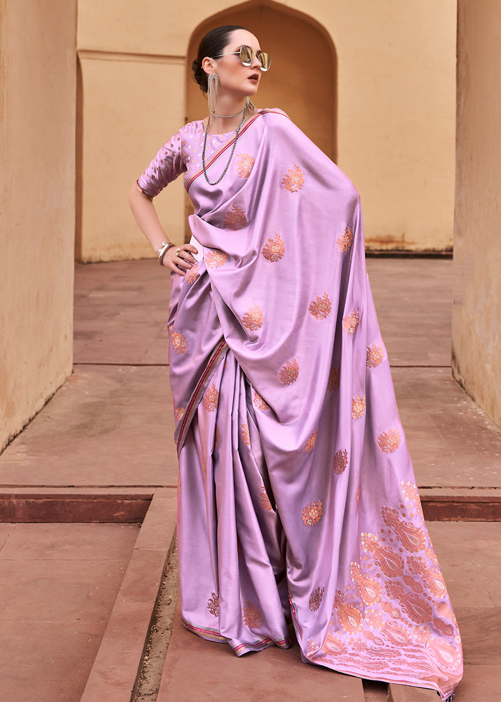 Tathastu Lilac Purple  Pure Sattin With Copper Zari Weaving Saree