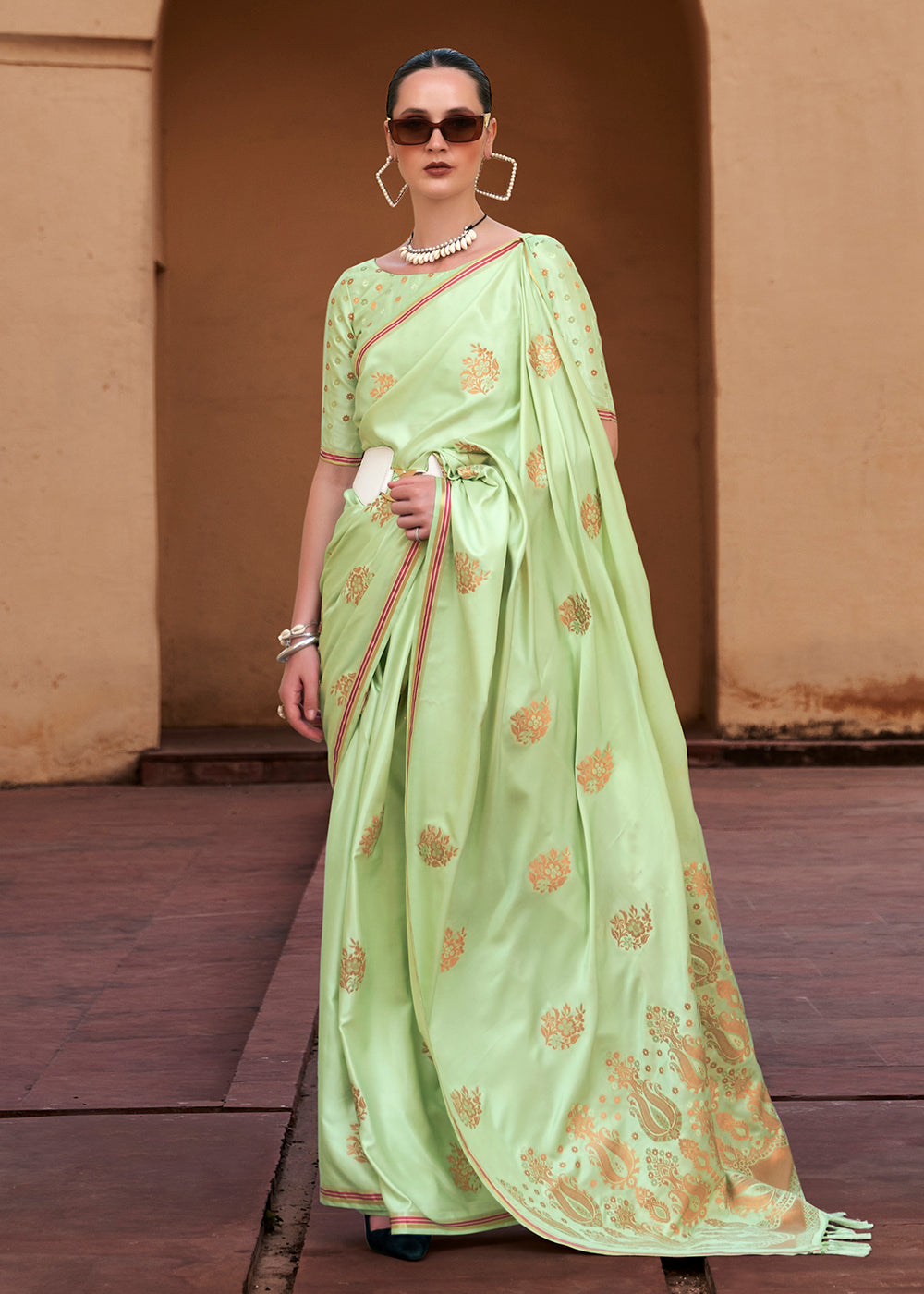 Tathastu Sprout Green Pure Sattin With Copper Zari Weaving Saree
