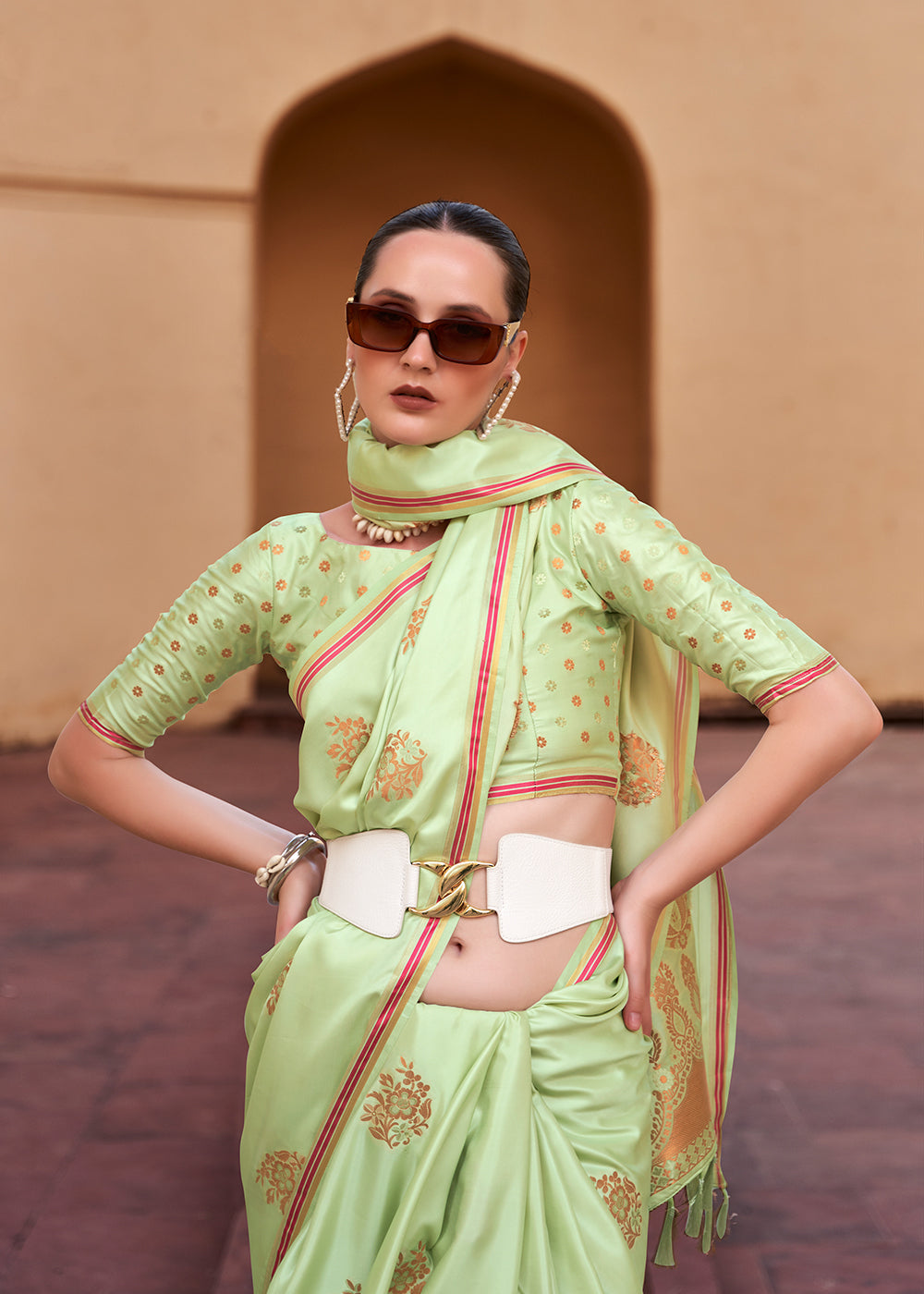 Tathastu Sprout Green Pure Sattin With Copper Zari Weaving Saree