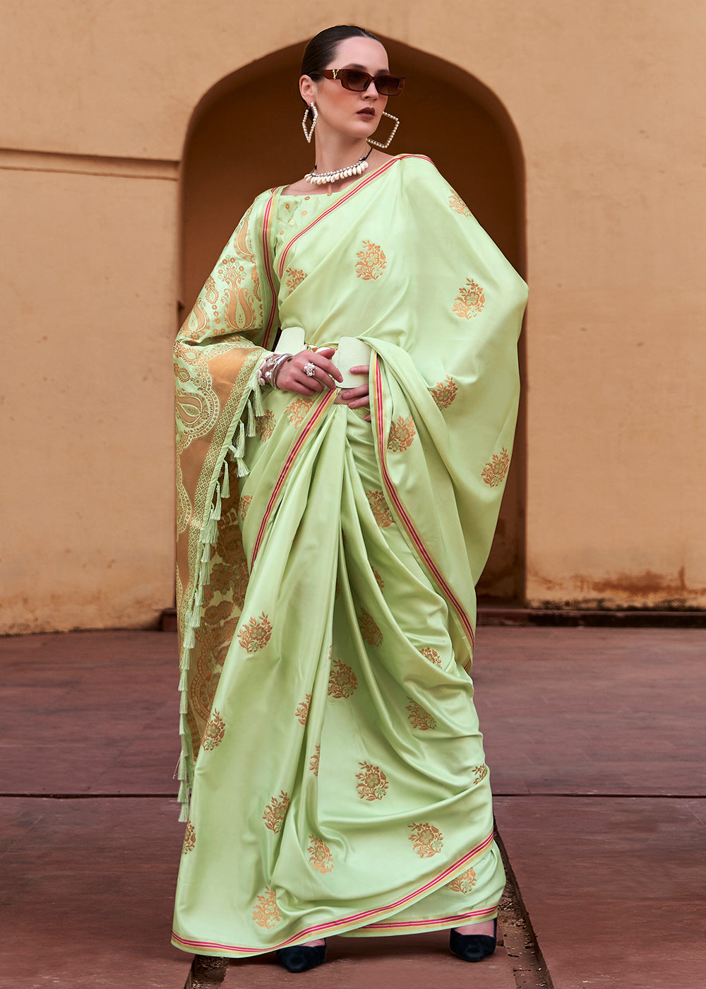 Tathastu Sprout Green Pure Sattin With Copper Zari Weaving Saree